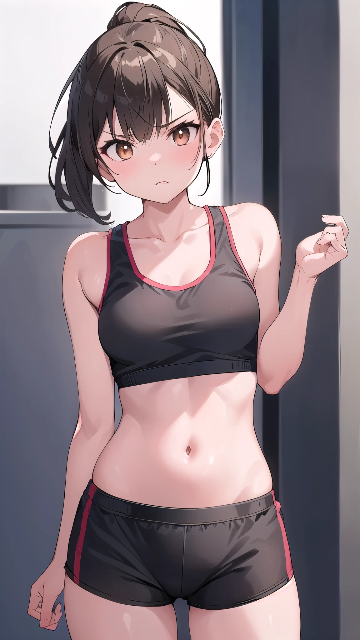 ultra Realistic photo, ((21-year-old girl wearing a training bra)), Dean Wo, (Small waist), One girl, blush, masterpiece, 最high quality, absurdes, Award-winning photograph, Attention to detail, Very complicated,, Detailed face + eye, Natural light, Realistic, Very detailed, photograph, masterpiece, high quality, high quality, High resolution, sexy, Lovely, Detailed face, whole body, Beautiful Face, Open black shirt, It gives me goosebumps, 1 only, One girl, full body,hot pants,