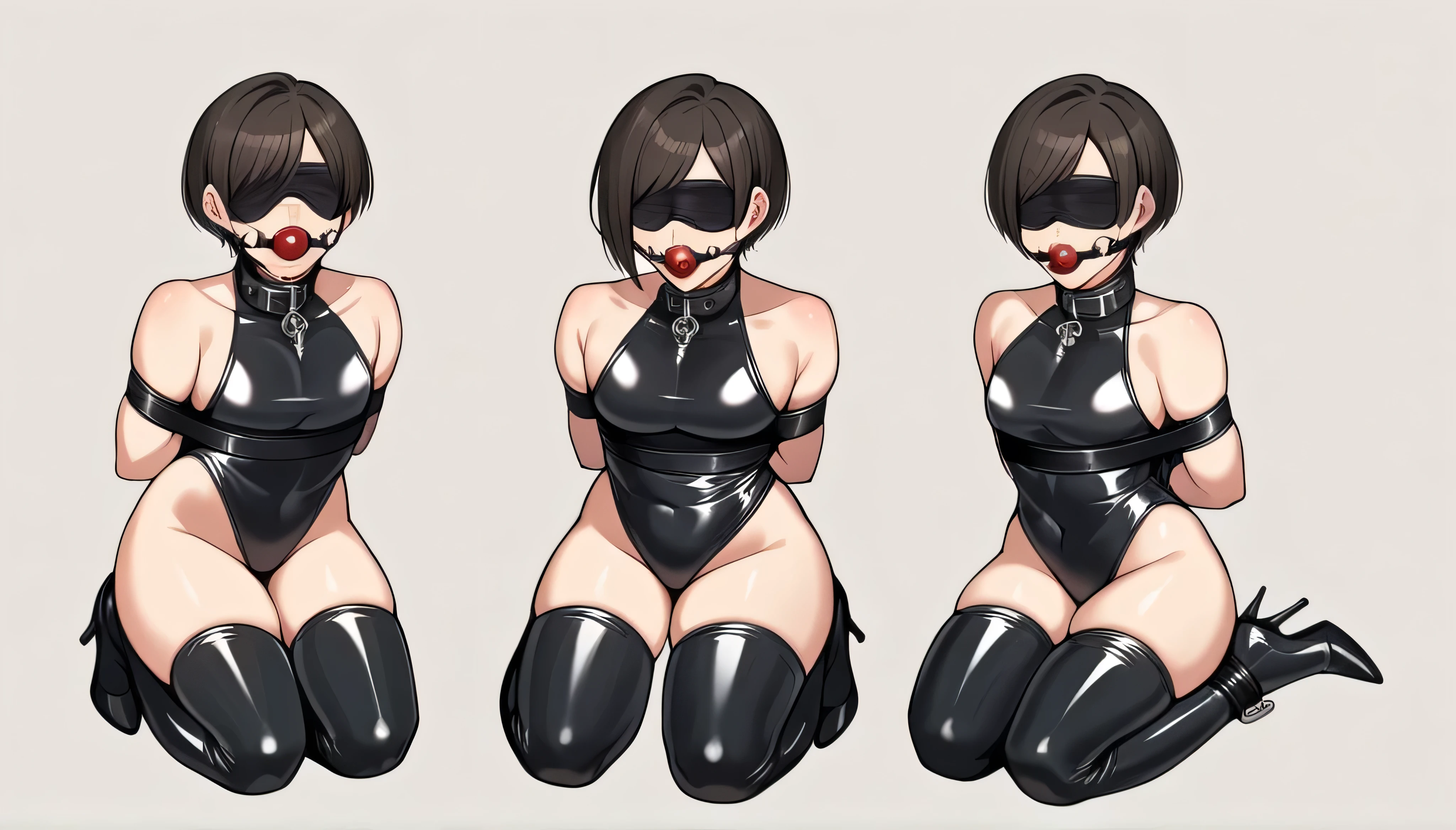 Da ist Wong . Resident Evil 4 . Thick animal collar. Ballgag. High Heels. black latex swimsuit.   kneel under men. Come. offener Mund, Bangs, black blindfold, best quality, Hands tied behind the back.


