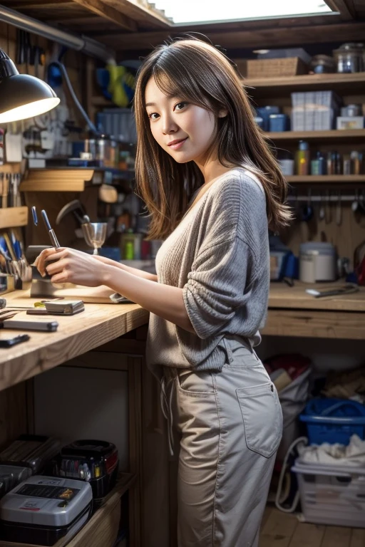 The photo is taken from the front, with the following composition: in the foreground (first low third of the image), A stack of Electronic components on a workbench. In the middle ground,(second third of the image) behind the workbench, a sexy Japanese woman, age23, light auburn, leans forward, Both hands on the workbench, looking at the pile of waste as if she were looking at the inside of a car engine.
In the background, a snowy village, a starry night, the northern lights, (light smile:0.9)