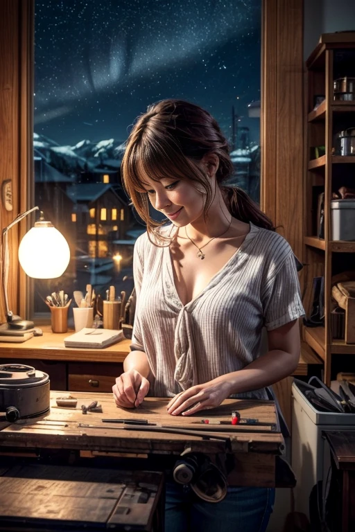 The photo is taken from the front, with the following composition: in the foreground (first low third of the image), A stack of Electronic components on a workbench. In the middle ground,(second third of the image) behind the workbench, a sexy Japanese woman, age23, light auburn, leans forward, Both hands on the workbench, looking at the pile of waste as if she were looking at the inside of a car engine.
In the background, a snowy village, a starry night, the northern lights, (light smile:0.9)