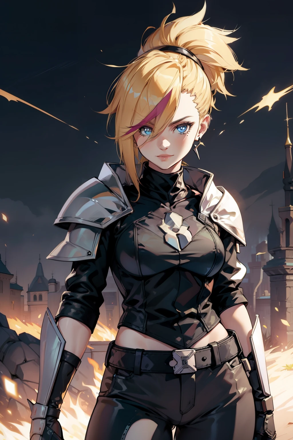 woman alone, blonde hair, short spiky hair, delicate armor, knight, Fantasy, ironic smile, black pants, black gloves