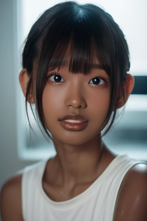 ((Cute 12 year old Filipino girl)), ((Cute Girls)), ((Sunburned skin)), ((In a dimly lit room)), ((Bodybuilder)), ((Very muscular shoulders)), ((Filipino facial features))、((Blonde Hair, Brown Hair: 1.2)), ((shoulder length bob hair))、masterpiece, best quality, ultra detail, photography, HDR, ROW photo, extremely detailed face and eyes, 独奏