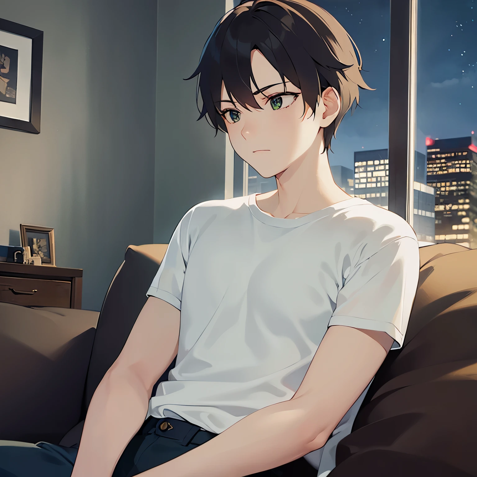 masterpiece、highest quality、(A 29-year-old man:1.5) and (Black short hair) and (blue eyes), (Loungewear) and （sad）、The background is the room、On the bed、sleep、Smartphone in hand、Alone