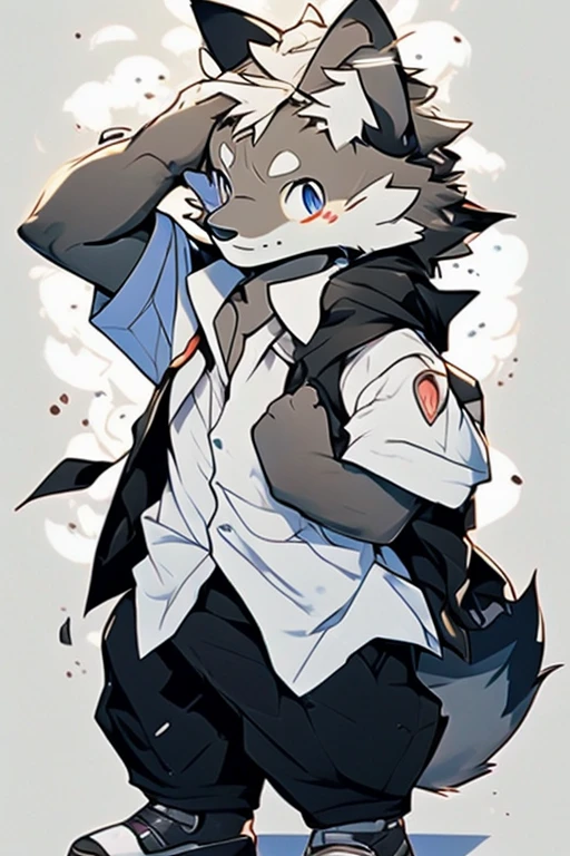 An Anime style Top Torso Body and Right Side Body Picture of A Very Muscular Kemono Furry Style Gray Wolf. He is wearing A Long Black Tuxedo suit with white shirt inside and black tie Outfit. His one hand is scratching his head while his another hand is in his pocket. The background is Solid white. He have Gray messy and spikey hair. He is looking at the viewer. His eyes are little red But Mostly white. He is standing in the background. He look like a video game character. He is smiling and blushes with blushes on his face. His tail is sticking upward. He is shy and little embarrassed