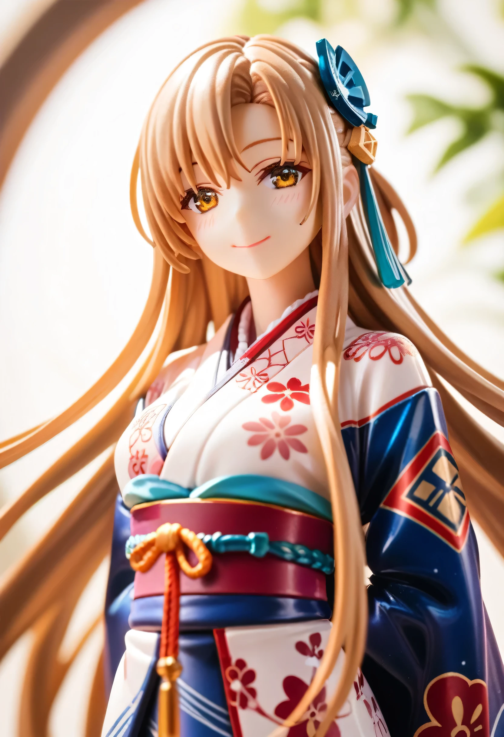 Asuna, masterpiece of the highest quality, detailed, (One girl), Alone, detailed golden eyes, Long Hair, Standing, Close to the audience, (detailed kimono), A light smile, Medium chest,  (Arms behind back), (Hair accessories), whole body