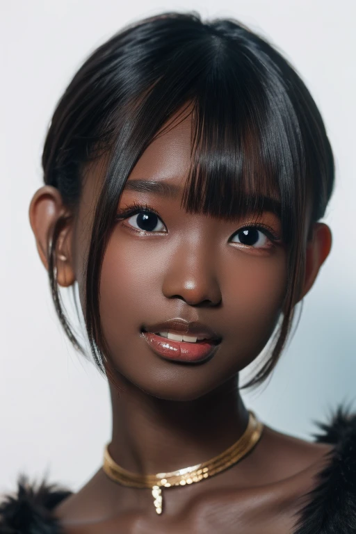 best quality, masterpiece, highres, (detailed:1.4), 1 girl, black hair, (((( dark skin:1.4 )))), extremally thin eyebrows , thick bluish eyeshadow, thick black eyeliner, Highlighted eyes with eyeliner, false eyelashes,(((( short hair ))))