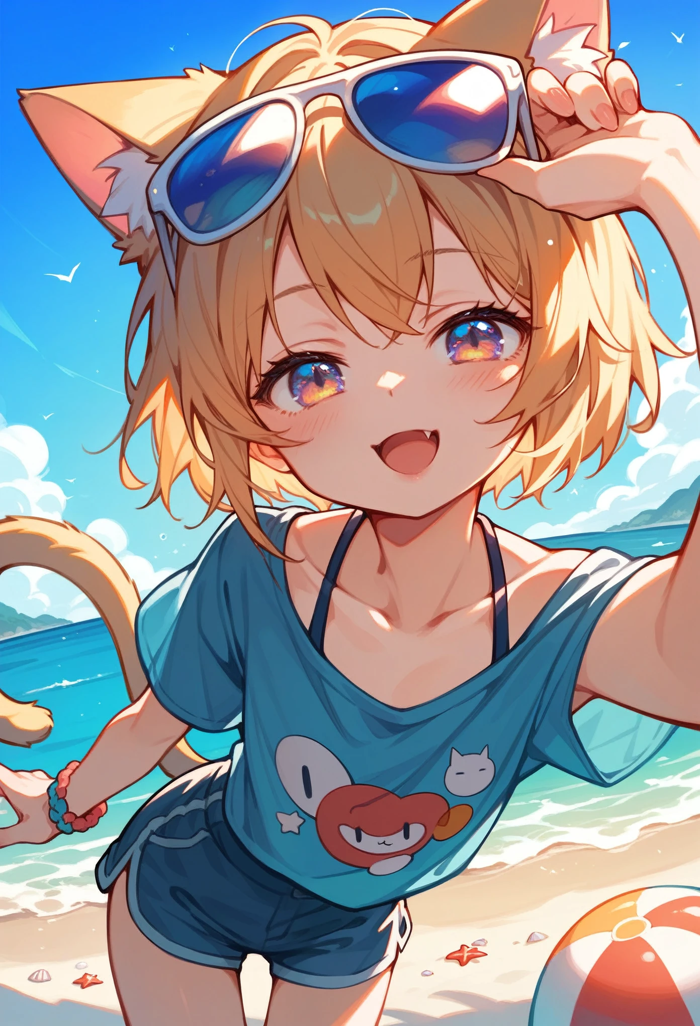 Chibi Character、smile,ピンク色のSwimwearの上半身、Denim shorts、Turquoise Eyes、Cat ear、Absurd, Ultra-detailed,Bright colors,(solo),(From the side:1.2),(View your viewers:1.5) (Short blonde hair:1.2),Shiny Hair,(ピンクのSwimwear:1.5),Denim shorts,Delicate and beautiful face, blush、(Deep blue eyes:1.4), White skin, (物憂げなsmile:1.3),Beautiful Clouds,(Standing on the beach, looking to the side with a sad expression:1.3),look at the sea and sunset,At sunset,Waves crashing on the beach,sunlight,Light on the face、Cat ear、Belly button、Turquoise Eyes、Swimwear