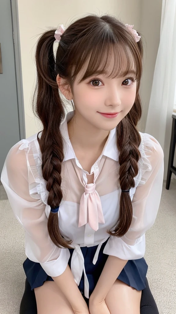 1girl in,18year old、((A smile:1.2))kawaii,Cute,Energetic girl, ,.Laugh,Opened mouth,Fluttershy, french braids, light pink hair, silky, Delicate and shiny hair, cute hair accessories, sapphire eyes, Sparkling eyes, Big eyes,Shape Eyeshadow,American School Uniform, PINK SHIRT,Unbutton,Striped ribbon, Short skirt,Masterpieces,of the highest quality, Very dense, pastel color,