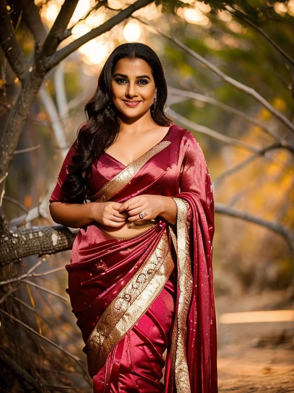  Picture a sultry, plus-size MILF in a liquid satin sexy choli saree flaunting long sexy legs and thick thighs with bare feet. This revealing partywear is crafted from ice silk. The thin, simulation silk fabric clings to her curves, highlighting her allure as she moves gracefully around a forest. As an amorous exhibitionist, she revels in her sensuality, the luxurious material shimmering with each step, adding an irresistible charm to her presence. full shot, dynamic pose