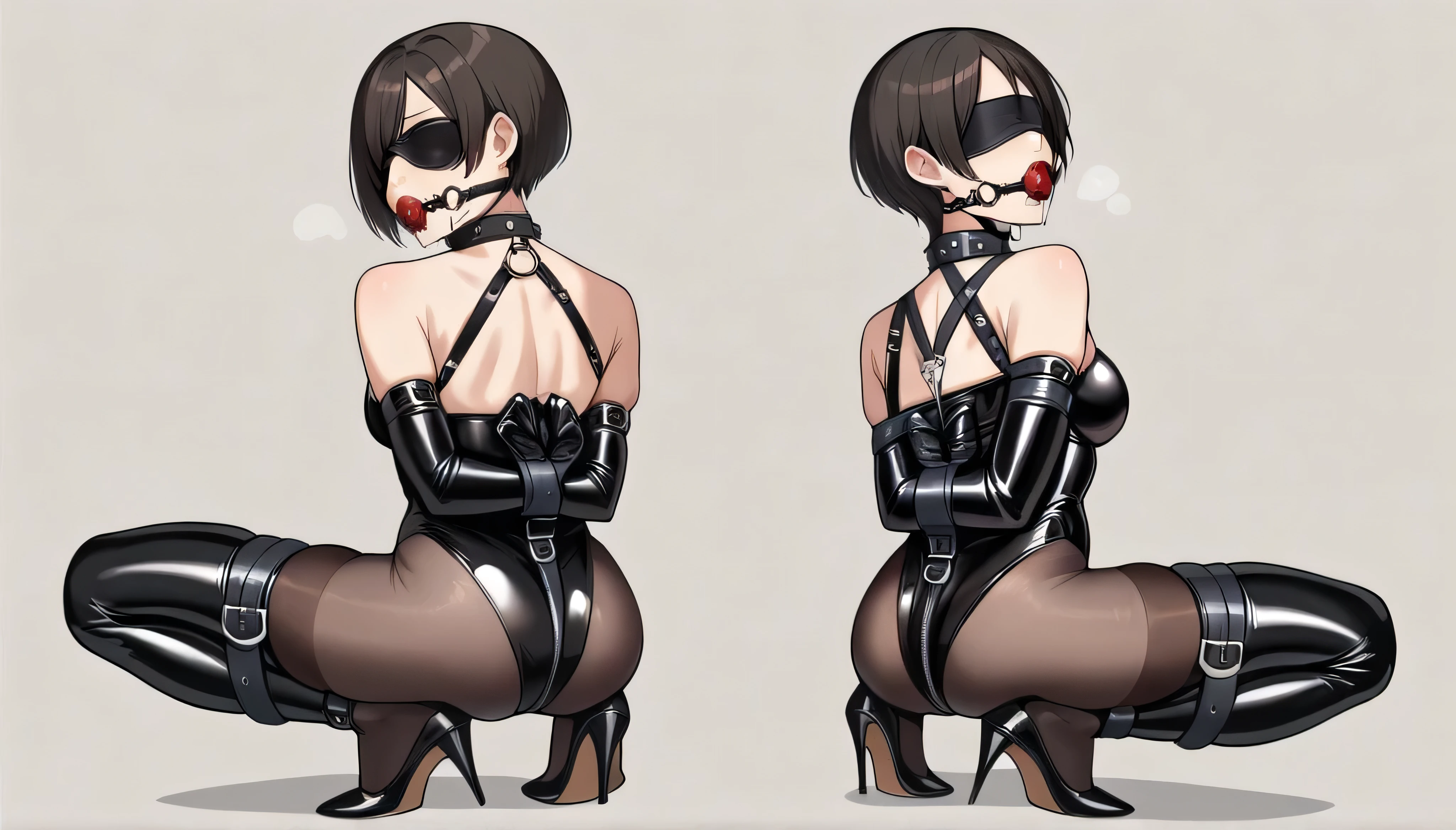 Da ist Wong . Resident Evil 4 . Thick animal collar. Ballgag. High Heels. black latex swimsuit.   kneel under men. Come. offener Mund, Bangs, black blindfold, best quality, Hands tied behind the back.


