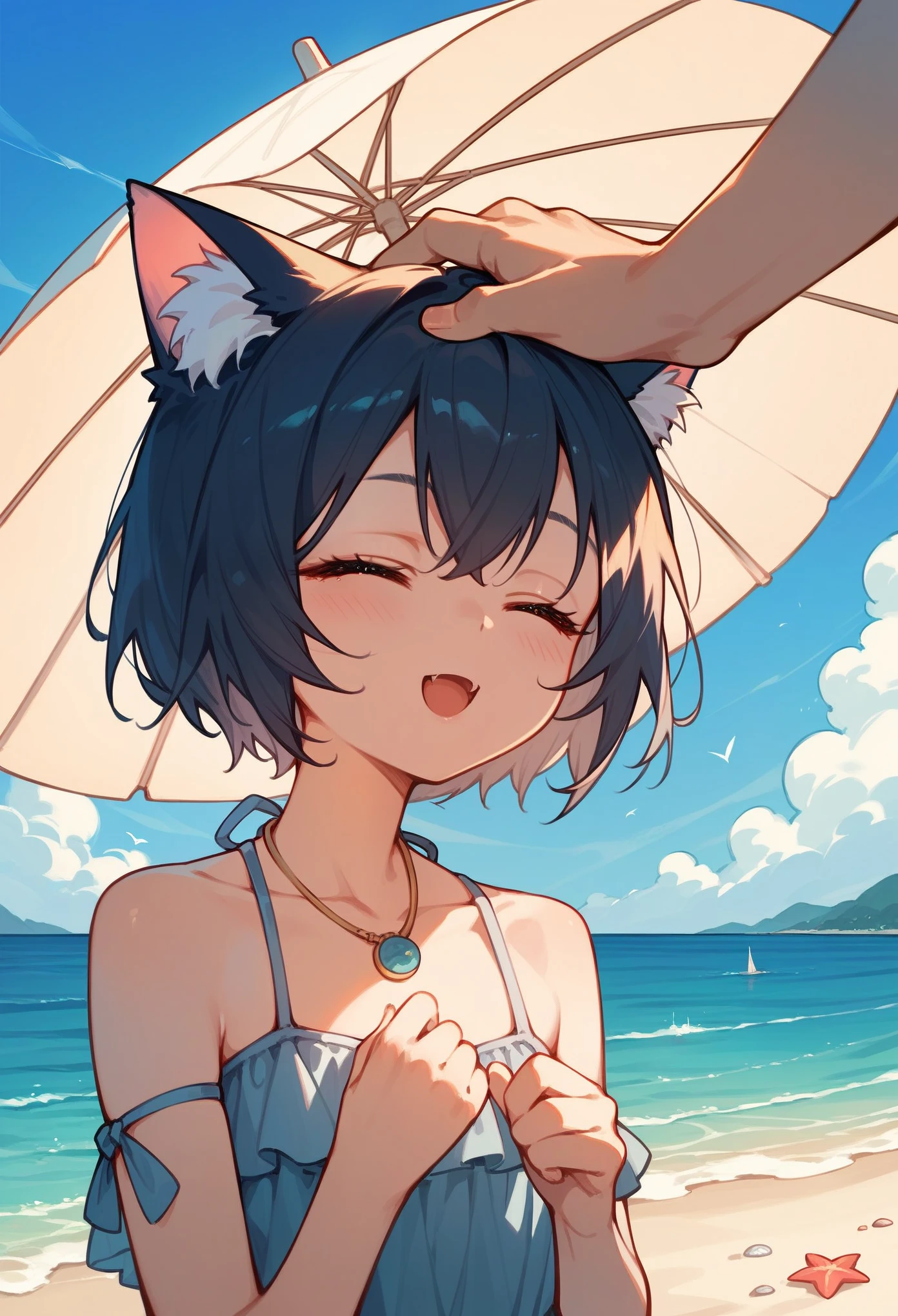A sexy catgirl riding a young man, sweating, , grinding her hips, (cowgirl position, trembling, heart, beach)(((intense climax, creampie)))parasol, partially undressed swimsuit, (((breastgrab、ケモノ)))