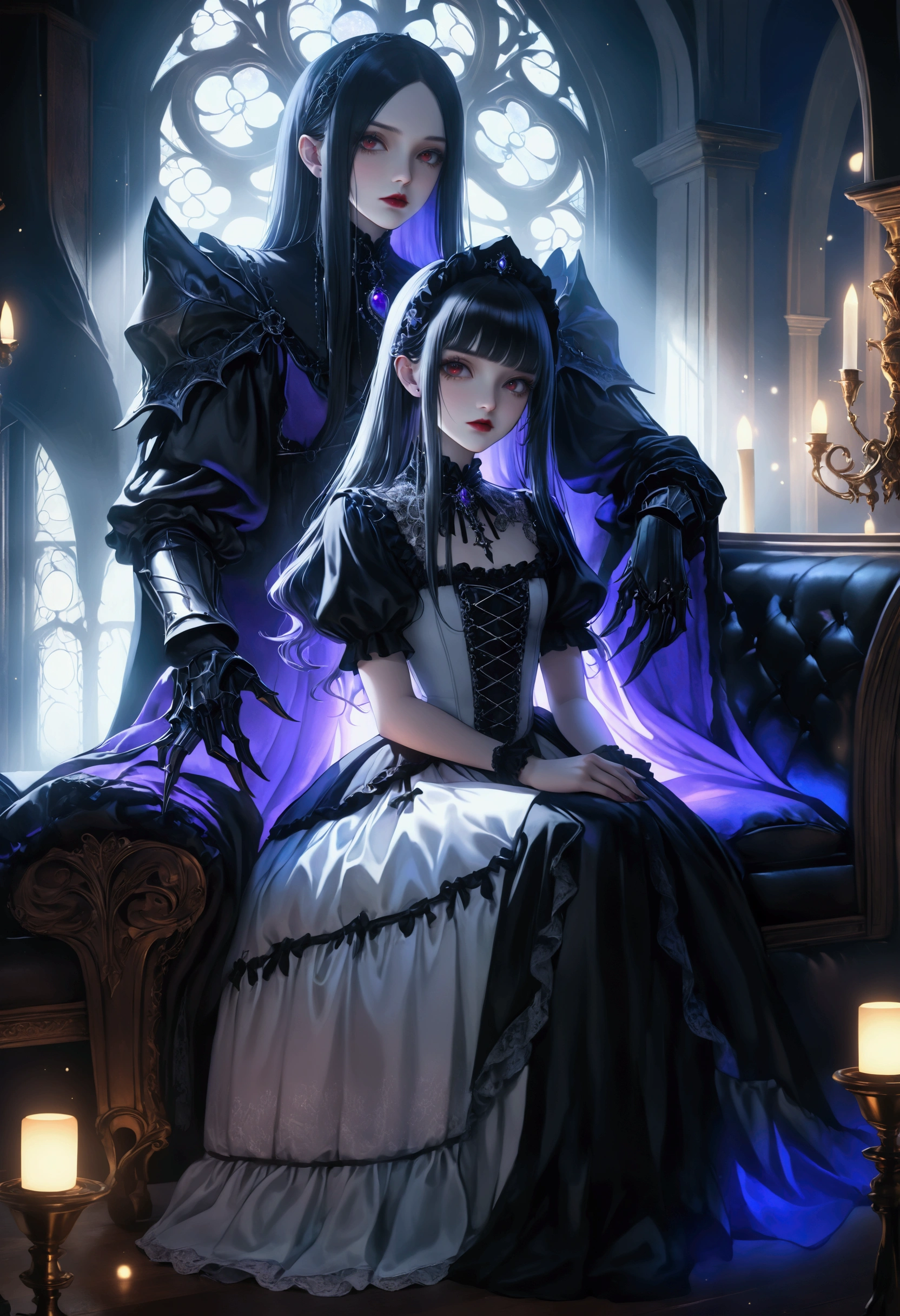 masterpiece, best quality, 8k, highres, ultra-detailed, HDR, UHD, studio lighting, ultra-fine painting, sharp focus, physically-based rendering, extreme detail description, professional, vivid colors, bokeh, portraits,BREAK, a beautiful gothic lolita girl, 1girl and gothic knight, sitting alone on a black sofa, wearing a detailed black dress with white lace, surreal, high resolution, extremely detailed, most detailed, red lips, baroque, intricate, cinematic lighting, dramatic composition, rich textures, vivid colors, photorealistic, "goth girls" style, DonMD4rk3lv3sXL
