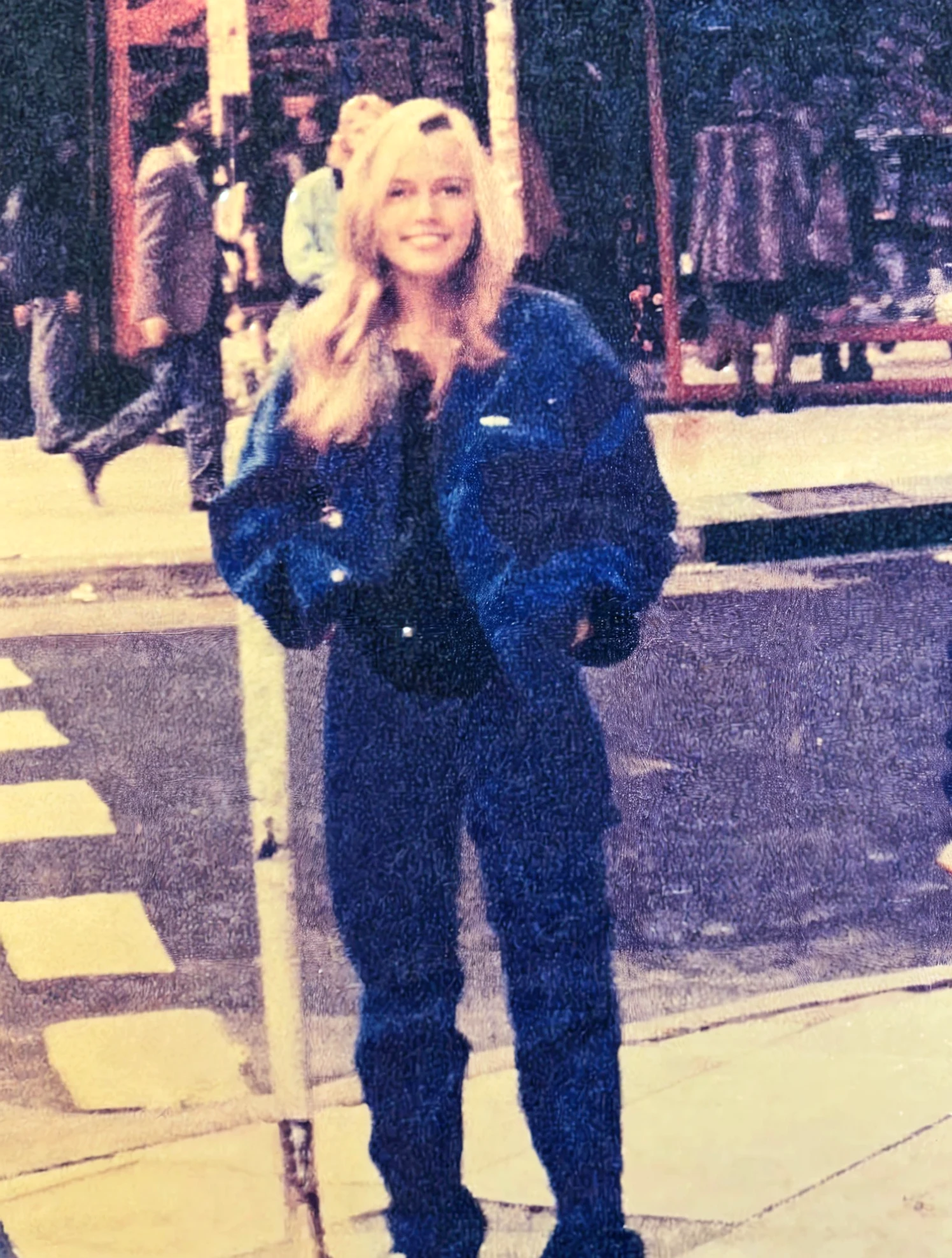 There is a woman standing on the sidewalk in a blue jacket - SeaArt AI