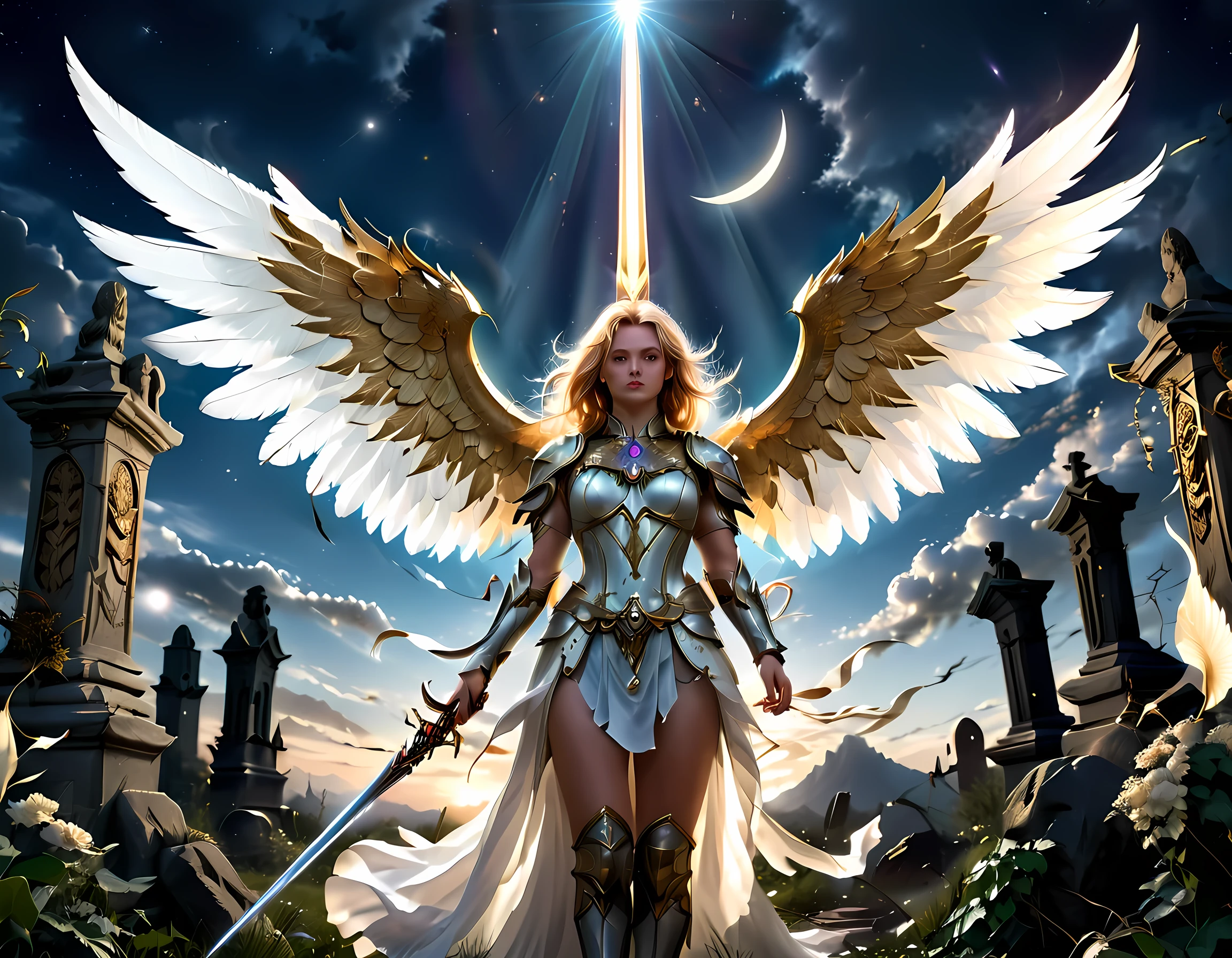 an epic fantasy art of aasimar, female, paladin ready for battle under the full moon, holy warrior, spread large feathered wings, (wings sprouting from the back: 1.3), majestic wings, white angelic wings spread (Masterpiece, intense details: 1.5), moon light, moon, stars, clouds, radiant holy symbol, armed with a divine sword, glowing sword wearing holy armor, wearing high heel boots, dynamic hair color, dynamic hair style, dynamic skin complexion, dark fantasy cemetery background, anatomically correct (Masterpiece 1.3, intense details), angel wings, determined face, god rays, cinematic lighting, glowing light, silhouette, from outside, photorealism, panoramic view (Masterpiece 1.3, intense details) , Wide-Angle, Ultra-Wide Angle, 16k, highres, best quality, high details, 16K, ultra detailed, masterpiece, best quality, (extremely detailed), arafed, dnd art, portrait, full body, Sword and shield