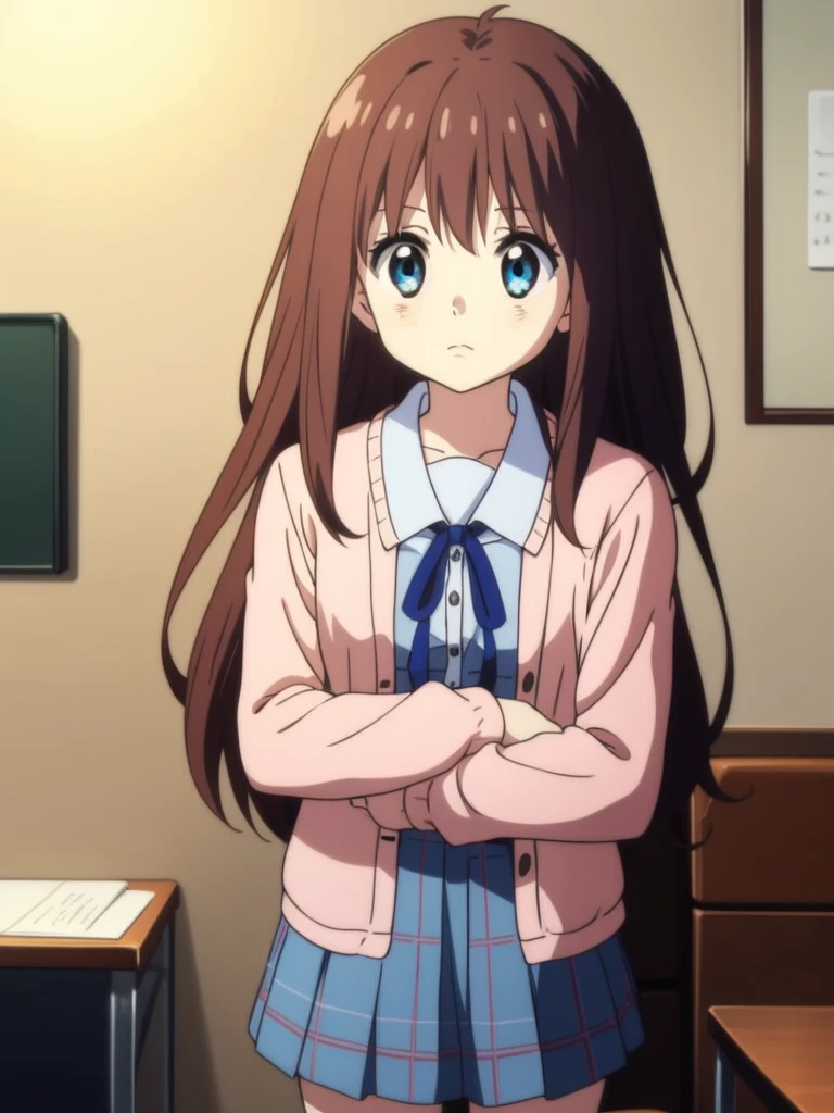 Ai shindou, 1girl, solo, long hair, floating hair, blue skirt, blue uniform, brown hair,  long sleeves, blue sea eyes, staring to the side, with gloomy air, tired expression, plaid skirt, ribbon, cowboy Shot, limp body on her desk
School Desk in the room,
masterpiece, high quality, very_high_resolution, large_filesize, full color,