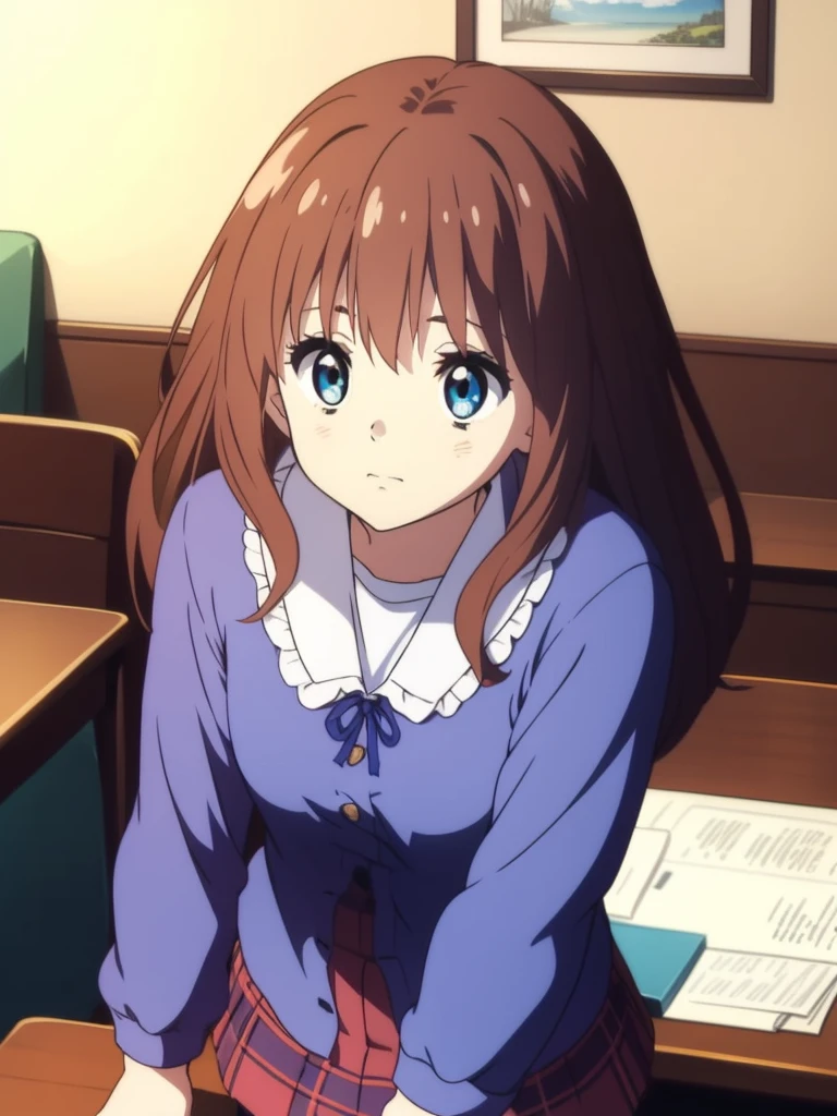 Ai shindou, 1girl, solo, long hair, floating hair, blue skirt, blue uniform, brown hair,  long sleeves, blue sea eyes, staring to the side, with gloomy air, tired expression, plaid skirt, ribbon, cowboy Shot, limp body on her desk
School Desk in the room,
masterpiece, high quality, very_high_resolution, large_filesize, full color,