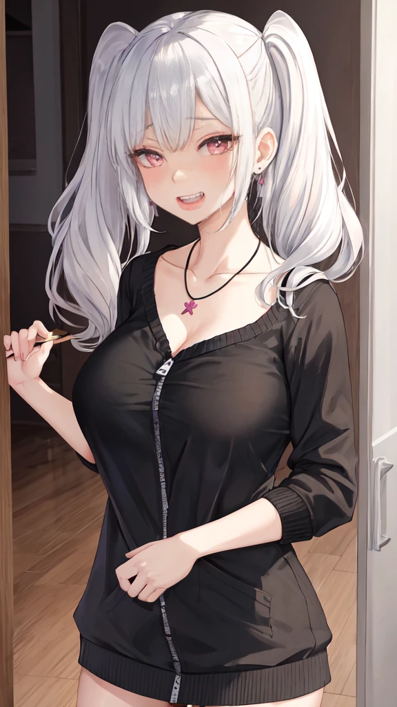 1girl, Holo-Punk Style, woman, masterpiece, white hair, best quality, Love Hotel,shy, grin, messy twintails, makeup, dynamic pose, blush, black shirt, unzipped white long sweater, blush, earrings, ruby necklace, breasts, lipstick, collarbone tattoo, mega big boob,No underwear、Ahegao open mouth, Open your mouth a little, Sticking out tongue, saliva, Drooling, Slanted Eyes, Heavy breathing, 