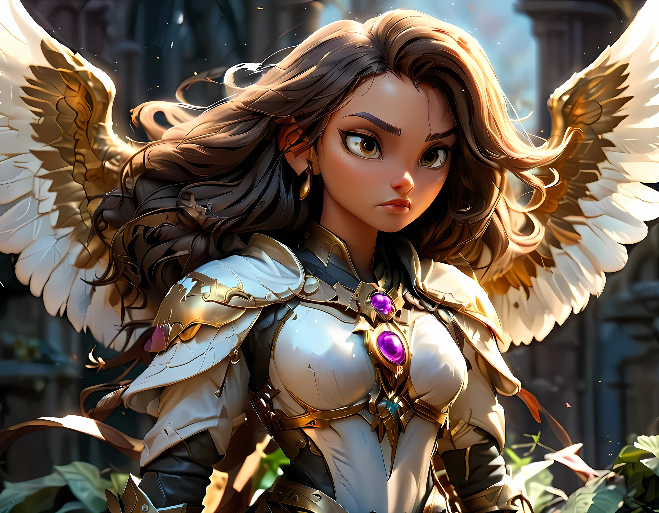 an epic fantasy art of aasimar, female, paladin ready for battle under the full moon, holy warrior, spread large feathered wings, (wings sprouting from the back: 1.3), majestic wings, white angelic wings spread (Masterpiece, intense details: 1.5), moon light, moon, stars, clouds, radiant holy symbol, armed with a divine sword, glowing sword wearing holy armor, wearing high heel boots, dynamic hair color, dynamic hair style, dynamic skin complexion, dark fantasy cemetery background, anatomically correct (Masterpiece 1.3, intense details), angel wings, determined face, god rays, cinematic lighting, glowing light, silhouette, from outside, photorealism, panoramic view (Masterpiece 1.3, intense details) , Wide-Angle, Ultra-Wide Angle, 16k, highres, best quality, high details, 16K, ultra detailed, masterpiece, best quality, (extremely detailed), arafed, dnd art, portrait, full body, Sword and shield