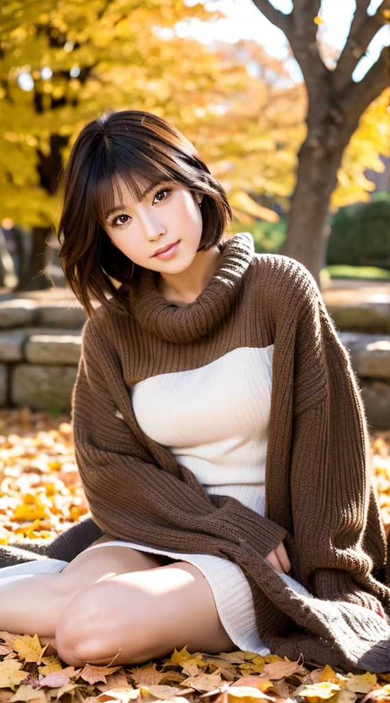 Best Quality, 8k, 32k, Masterpiece,Attractive Japan Woman Pictures, One Girl, (full body : 1.0), Abs, Perfect Body, (oversized tunic sweater : 1.1), (boots:1.1), Ultra Detailed Face, Detailed Lips, Fine Eyes, Double Eyelids,short hair,Disheveled Hair,erotic pose, autumn park 