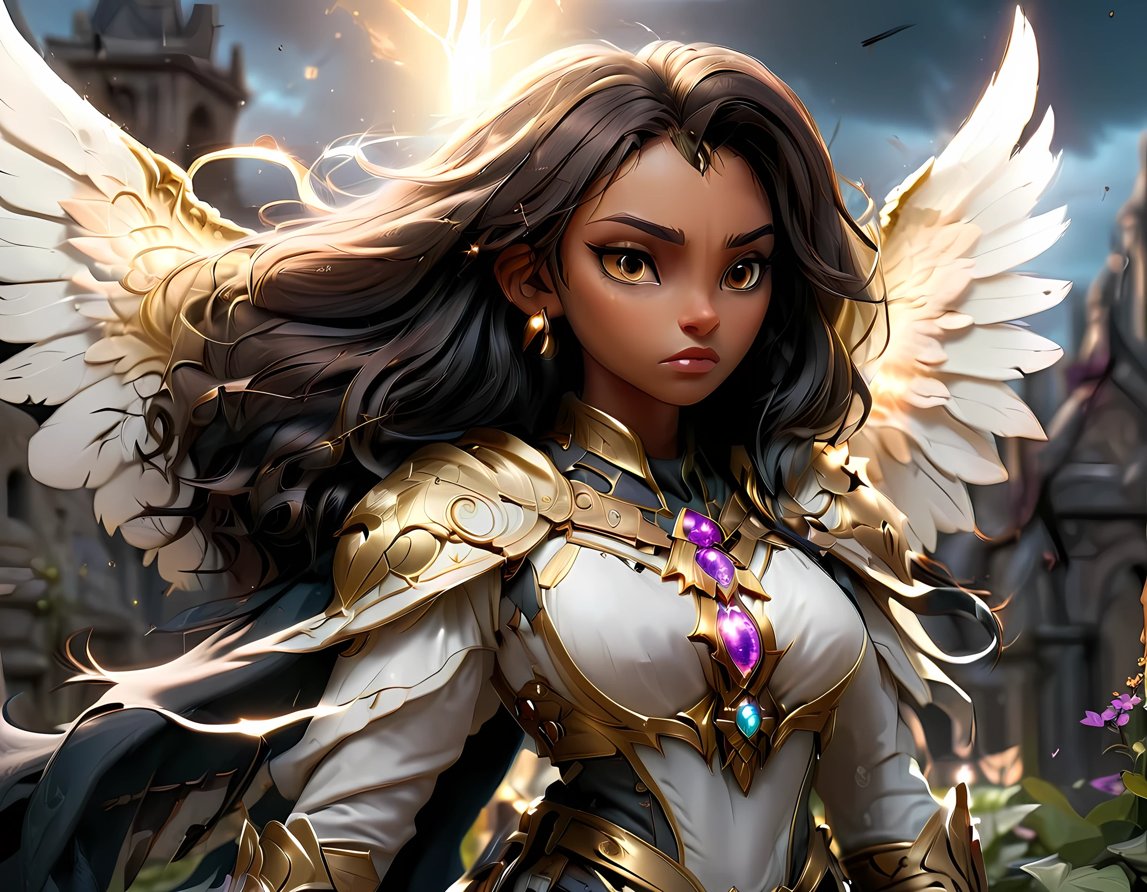 an epic fantasy art of aasimar, female, paladin ready for battle under the full moon, holy warrior, spread large feathered wings, (wings sprouting from the back: 1.3), majestic wings, white angelic wings spread (Masterpiece, intense details: 1.5), moon light, moon, stars, clouds, radiant holy symbol, armed with a divine sword, glowing sword wearing holy armor, wearing high heel boots, dynamic hair color, dynamic hair style, dynamic skin complexion, dark fantasy cemetery background, anatomically correct (Masterpiece 1.3, intense details), angel wings, determined face, god rays, cinematic lighting, glowing light, silhouette, from outside, photorealism, panoramic view (Masterpiece 1.3, intense details) , Wide-Angle, Ultra-Wide Angle, 16k, highres, best quality, high details, 16K, ultra detailed, masterpiece, best quality, (extremely detailed), arafed, dnd art, portrait, full body, Sword and shield