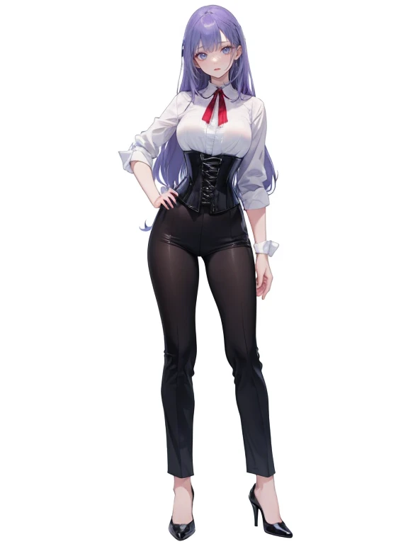 ((Perfect Face)),Purple Hair,Very long hair,1 female,,Roll up your sleeves,(Roll up your sleevesをしているワイシャツ),((corset)),High heels,,((White simple background)),smile,((whole body)),((full body)),