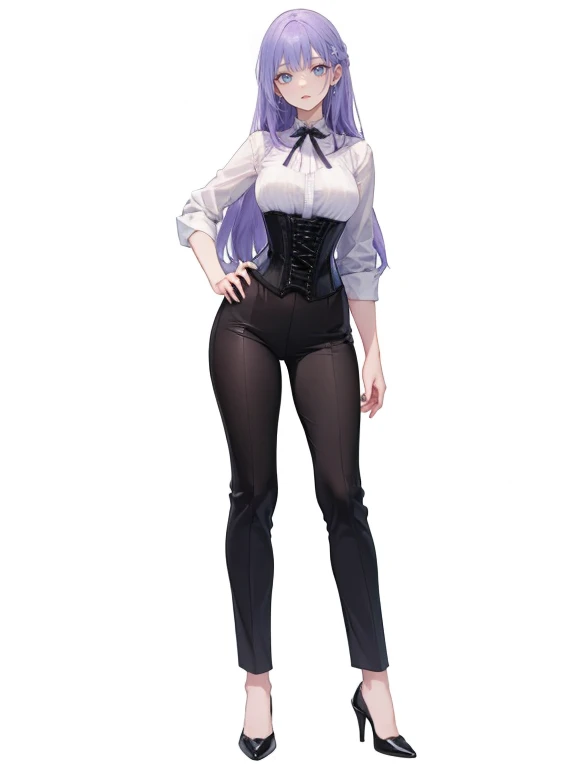 ((Perfect Face)),Purple Hair,Very long hair,1 female,,Roll up your sleeves,(Roll up your sleevesをしているワイシャツ),((corset)),High heels,,((White simple background)),smile,((whole body)),((full body)),