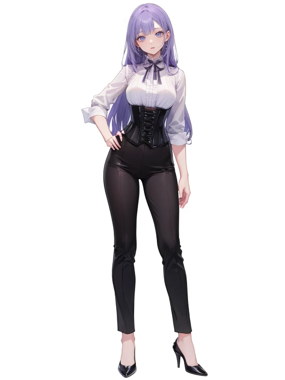 ((Perfect Face)),Purple Hair,Very long hair,1 female,,Roll up your sleeves,(Roll up your sleevesをしているワイシャツ),((corset)),High heels,,((White simple background)),smile,((whole body)),((full body)),