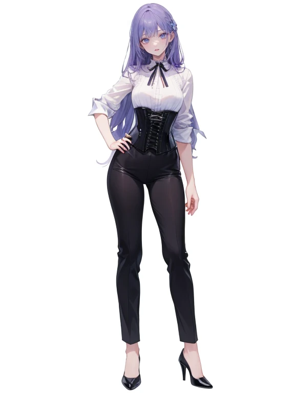 ((Perfect Face)),Purple Hair,Very long hair,1 female,,Roll up your sleeves,(Roll up your sleevesをしているワイシャツ),((corset)),High heels,,((White simple background)),smile,((whole body)),((full body)),