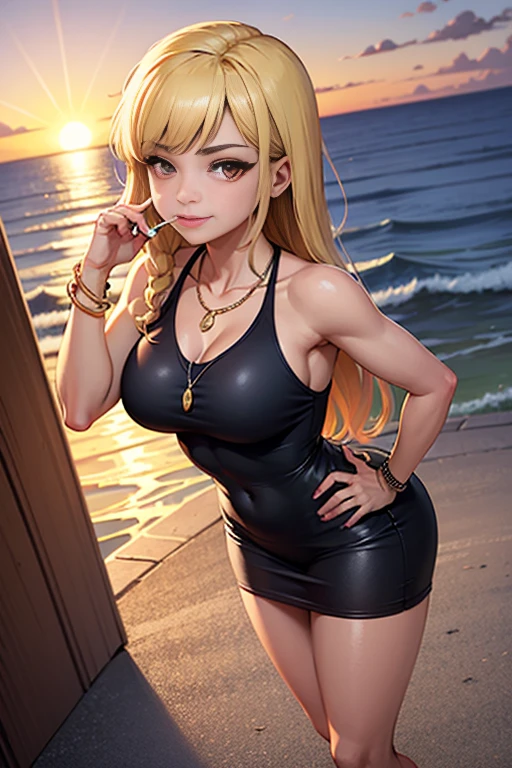 Cel-shaded, color manga, seed 156378292, with sharp and vivid details, front-facing perspective. The character "Rena" has long blonde hair reaching her shoulder blades, flowing naturally. She has sharp brown eyes, wearing a white T-shirt with a low-cut chest design that emphasizes her large chest. She is wearing a tight black miniskirt and a pearl necklace around her neck. She has gold bracelets on both wrists, and a cigarette in her mouth. In her right hand, she holds a black pistol, and the sunset glow reflects off her skin and hair, creating a warm, radiant effect. Her face is defined by high cheekbones and a well-defined jawline, and she is smiling slightly, looking pleased. The full-body angle shows her with her feet slightly apart and her left hand resting on her hip. The pose has strong contrast, and the background is a sunset harbor.