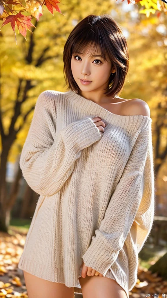 Best Quality, 8k, 32k, Masterpiece,Attractive Japan Woman Pictures, One Girl, (full body : 1.0), Abs, Perfect Body, (oversized tunic sweater : 1.1), (boots:1.1), Ultra Detailed Face, Detailed Lips, Fine Eyes, Double Eyelids,short hair,Disheveled Hair,erotic pose, autumn park 