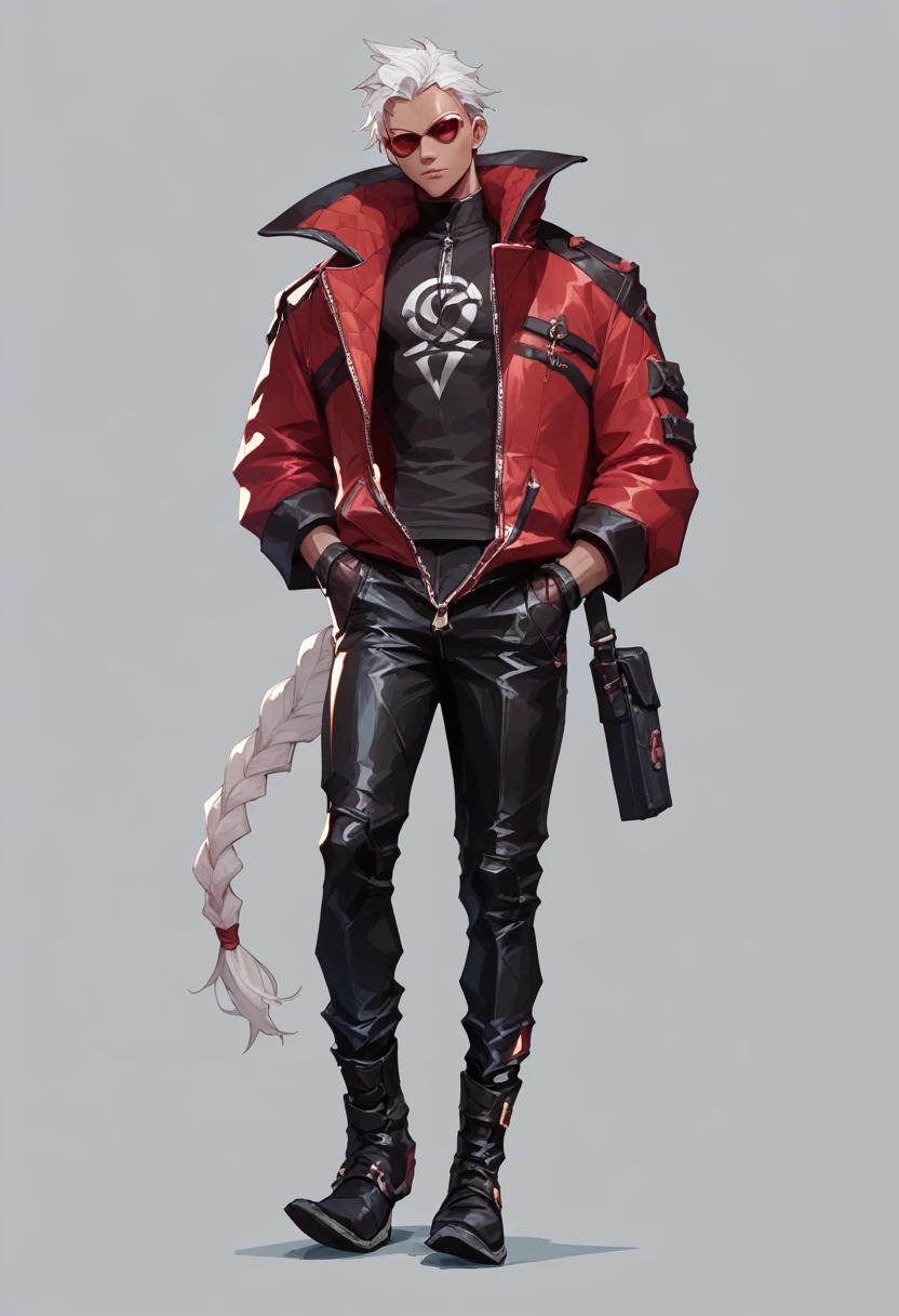 human Male ,Clear Skin , round Red SunGlasses , white hair,long braided ,zip Red Coat  , Black Gloves  , Black boots , Full body ,pose , Black shirt 