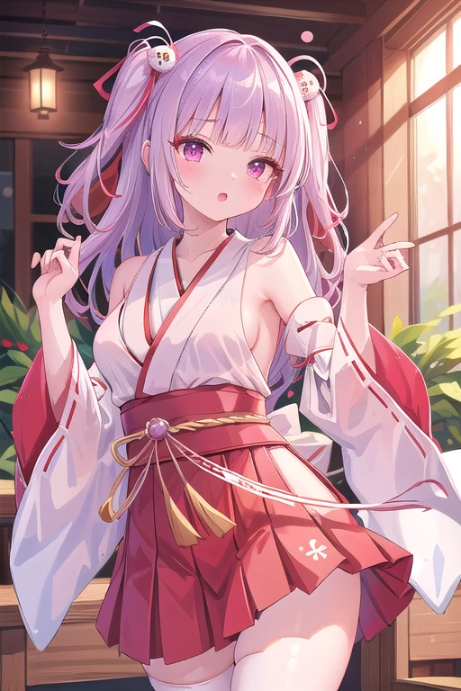 Beautiful illustrations、miko, hakama skirt,(masterpiece、Best Quality、8k ), (Beautiful details), Highly detailed face perfect lighting, Extremely detailed CG, (Perfect hands, Perfect Anatomy),pretty girl, blunt bangs、Light purple hair, Long Hair,two side up, Shining Eyes、Sexy pose,Thighs、Cowboy Shot、