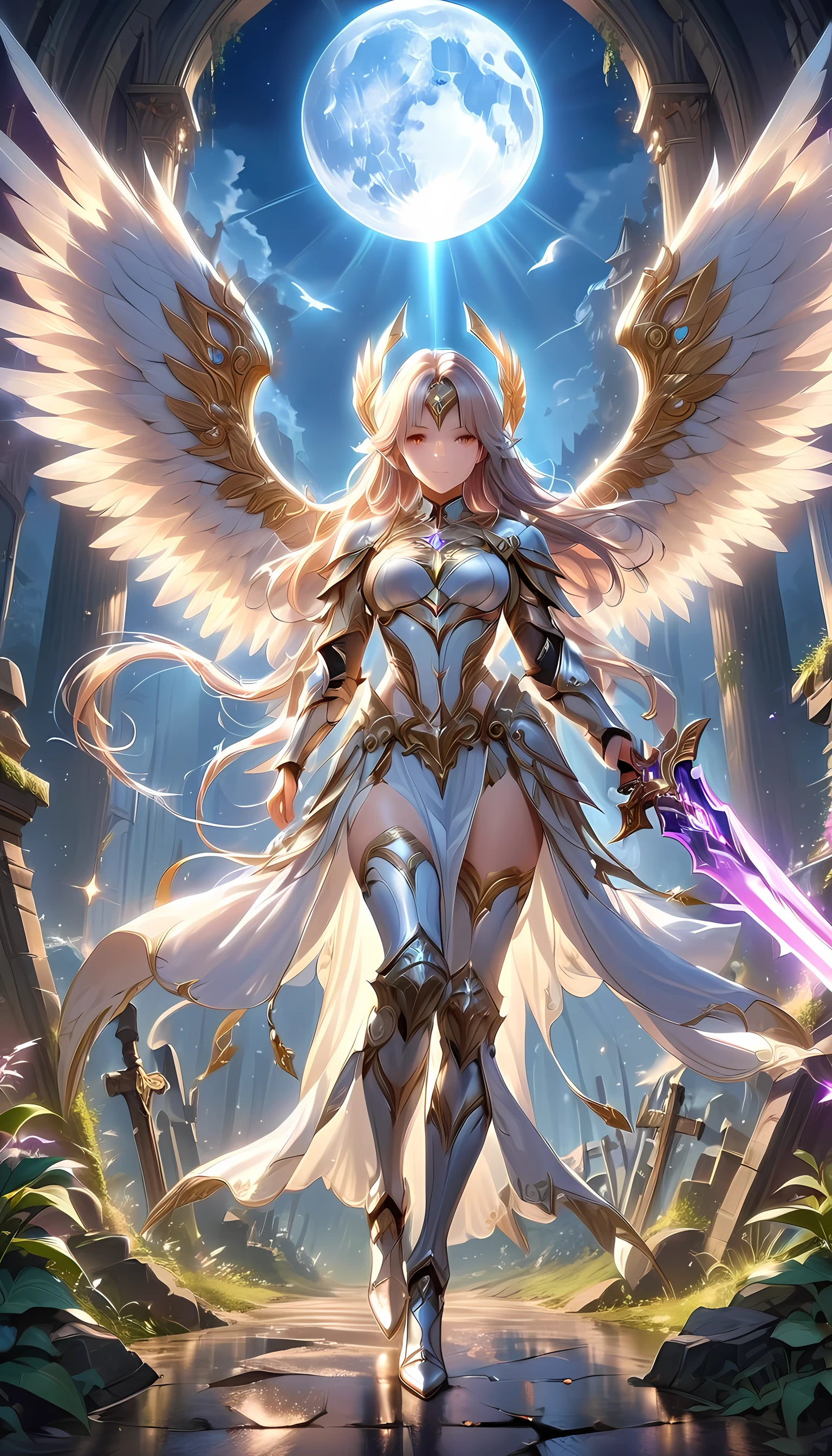 an epic fantasy art of aasimar, female, paladin ready for battle under the full moon, holy warrior, spread large feathered wings, (wings sprouting from the back: 1.3), majestic wings, white angelic wings spread (Masterpiece, intense details: 1.5), moon light, moon, stars, clouds, radiant holy symbol, armed with a ((divine sword: 1.3)), glowing sword wearing holy armor, wearing high heel boots, dynamic hair color, dynamic hair style, dynamic skin complexion, dark fantasy cemetery background, anatomically correct (Masterpiece 1.3, intense details), angel wings, determined face, god rays, cinematic lighting, glowing light, silhouette, from outside, photorealism, panoramic view (Masterpiece 1.3, intense details) , Wide-Angle, Ultra-Wide Angle, 16k, highres, best quality, high details, 16K, ultra detailed, masterpiece, best quality, (extremely detailed), arafed, dnd art, portrait, full body, Sword and shield