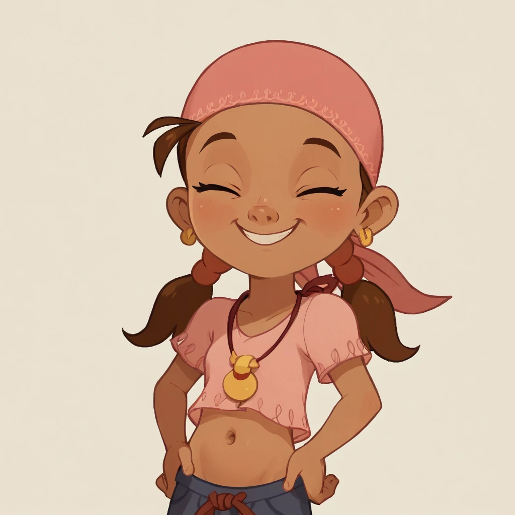 1girl, dark skin, brown hair, brown eyes, twintails, bandana, earring, visible belly button, short stature, belly button close up, full belly, hands on her belly, smiling, closed eyes