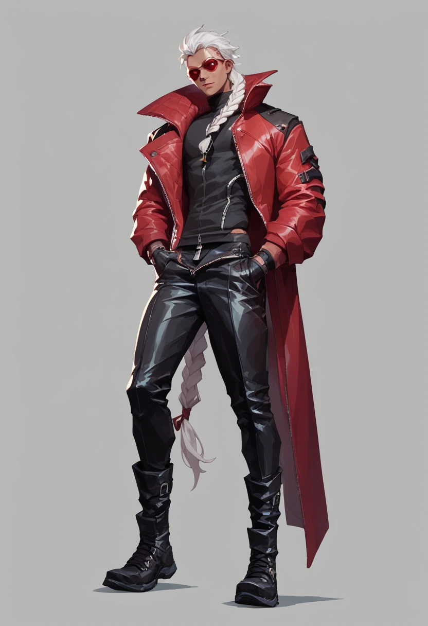 human Male ,Clear Skin , round Red SunGlasses , white hair,long braided ,zip Red Coat  , Black Gloves  , Black boots , Full body ,pose , Black shirt 