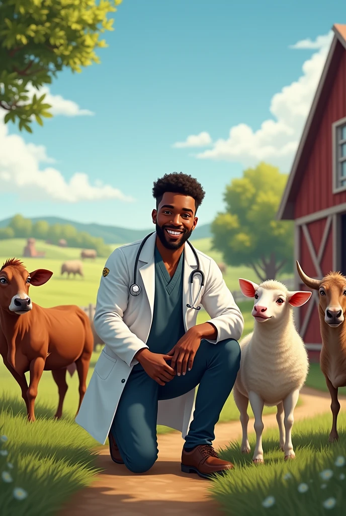 I want a young black male veterinarian who takes care of farm animals on the land