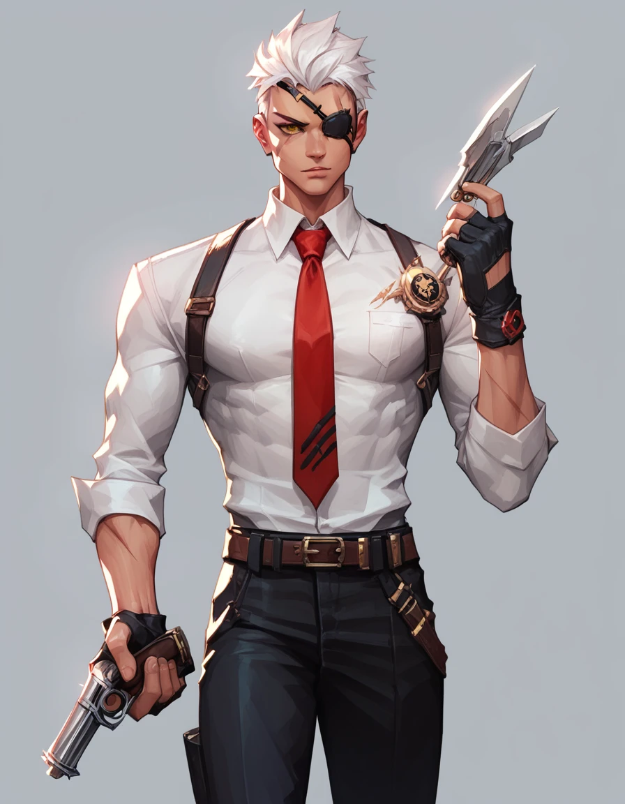 Human Male Assassin , white hair ,yellow eye ,eye patch, white shirt ,red Tie  ,scar on eye , Holding a revolver