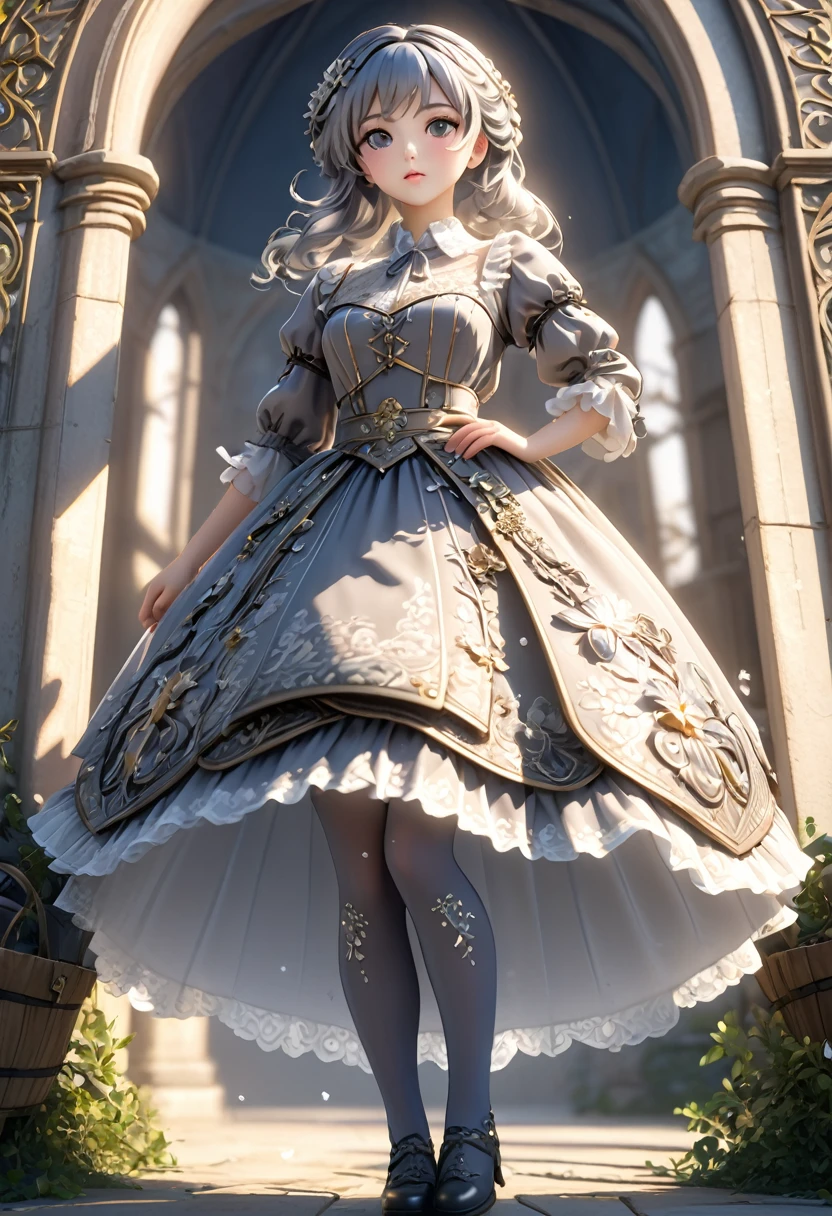 (Highly detailed CG Octane render 8k wallpaper), The most beautiful works of art in the world, Full body shot from below, Complex, high detail, ８Old girl, Gold and silver embroidery, Grey Pearl Medieval Mini Dress（With panniers）, Crystal clear fabric, Pull up your skirt, Strong winds, Transparent slip, Grey translucent tights, Peeking from below, Best Quality, Disarray of clothing, Lying down, underwear, Show off your thighs, night, Skirt lining