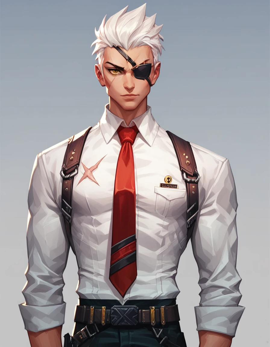 Human Male Assassin , white hair ,yellow eye ,eye patch, white shirt ,red Tie  ,scar on eye , Concept art 