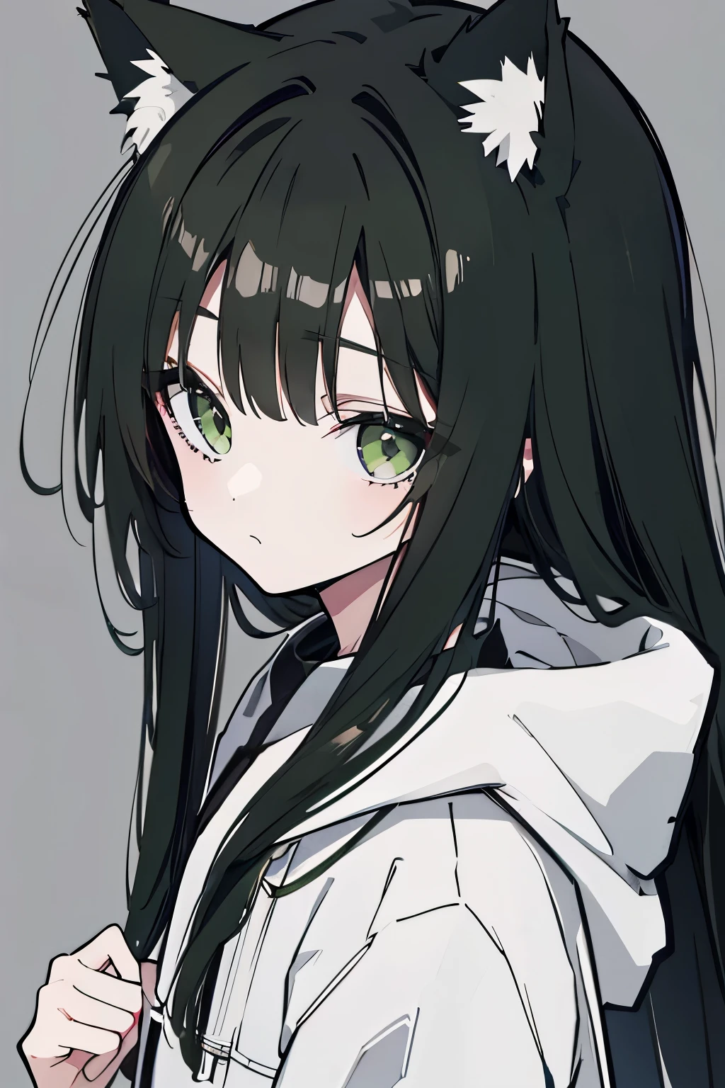 Her hair is long and black and a little messy.、The left eye is covered by hair。She has cat ears on her head、girl。Eyes(Dark Green)。What to wear、He is wearing a light grey coat。