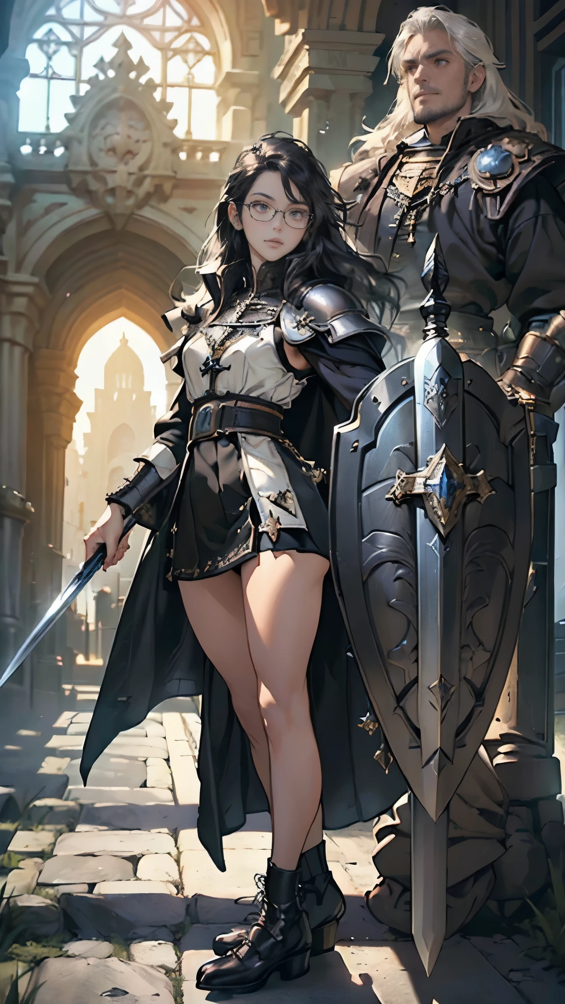 (((((middle age woman))))), masterpiece, ultra detailed, 8k portrait, RAW photo, portrait photography, highly detailed face, ((Fantasy)), 1 woman, solo, (((female knight))), (((standing))), (((((tall))))), (((small eyes))), glasses, (((straight black long hair))), ((long bangs)), (((white skin color))), (((breast armor and see-through micro skirt))), (((black long cloak))) fluttering in the wind, (((high cut iron shoes))), (((equip a long sword and large shield))), Midday Sun, hyper realistic, Body model, Small breasts, Beautiful breasts, (big butt), (thick thighs), Long legs, in the medieval adventurer's guild, Ambient lighting, Shadow details, Camera focus on face, strong breeze, Light fog