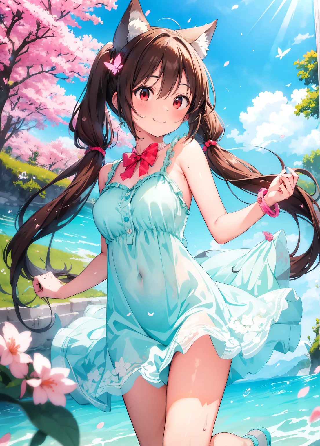 (masterpiece、Best Quality、Best Quality、Official Art、Beautiful and beautiful:1.2)、(One person:1.3)Hatsune Miku、Twin tails,Beautiful breasts,masterpieceBest Quality, One person女の子, Alone, smile, smile, cherry blossoms, Specks of sunlight, Butterfly Grass Animal Ear,Wolf ears,Long Hair, Tail, wolf Tail, Red eyes, Wolf Girl,Brown Hair,,