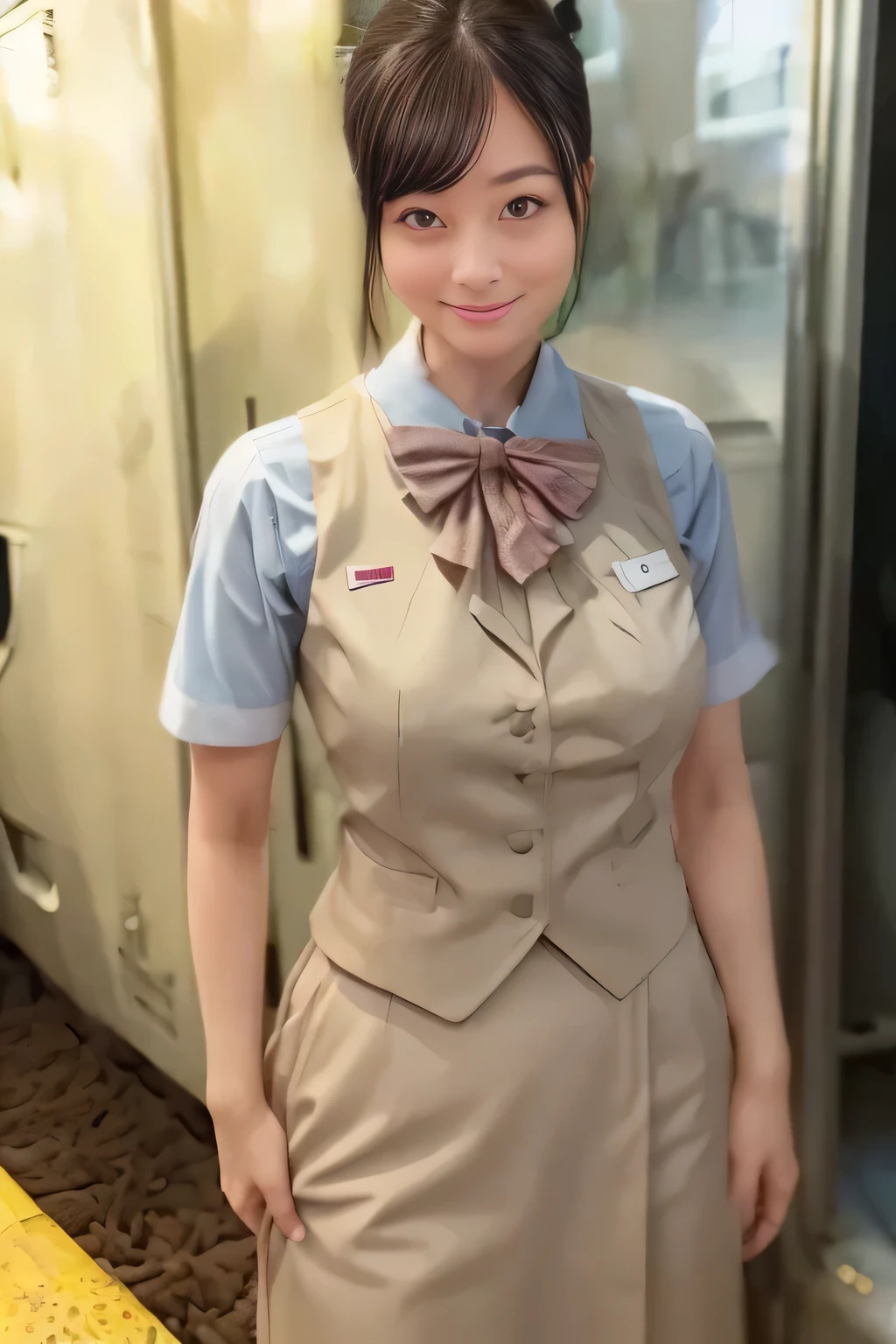 (masterpiece:1.2, Best Quality:1.2), 32K HDR, High resolution, (Alone、1 girl)、（Rooftop of a building during the day、Professional Lighting）、Building rooftop background、（JR woman train crew Uniform blackを着たリアルスタイル）、（（JR female train attendant uniform black white blouse short sleeve 、Black knee-length wrap culottes、Black jacket、scarf））、dark brown hair、（Long Hair、Hair tied up、Hair tied up）、dark brown hair、Long Shot、Big Breasts、Thin legs、（（Great hands：2.0）），（（Harmonious body proportions：1.5）），（（Normal limbs：2.0）），（（Normal finger：2.0）），（（Normal eyes：2.0））)、smile、（JR female flight attendant uniform black knee-length wrap culottes skirt beautiful posture）、Hands down