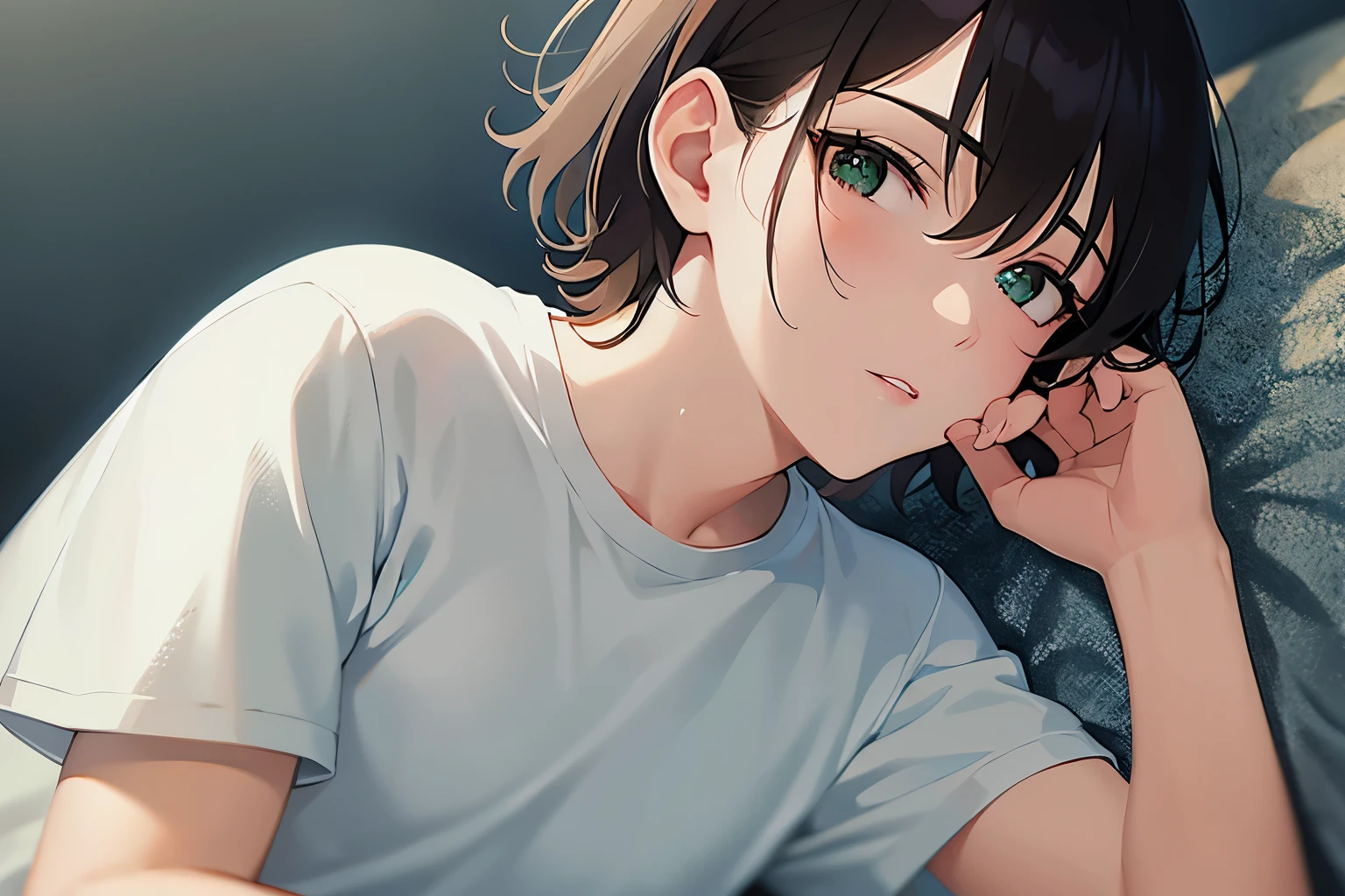(closed eyes:1.5), cinematic angle, masterpiece、high quality、(25 year old man with short dark brown hair and green eyes:1.5), wearing a white T-shirt、(Alone:1.5)、sleepy, (Only the upper body is shown.:1.3)、The background is the seat of the sofa、on back,