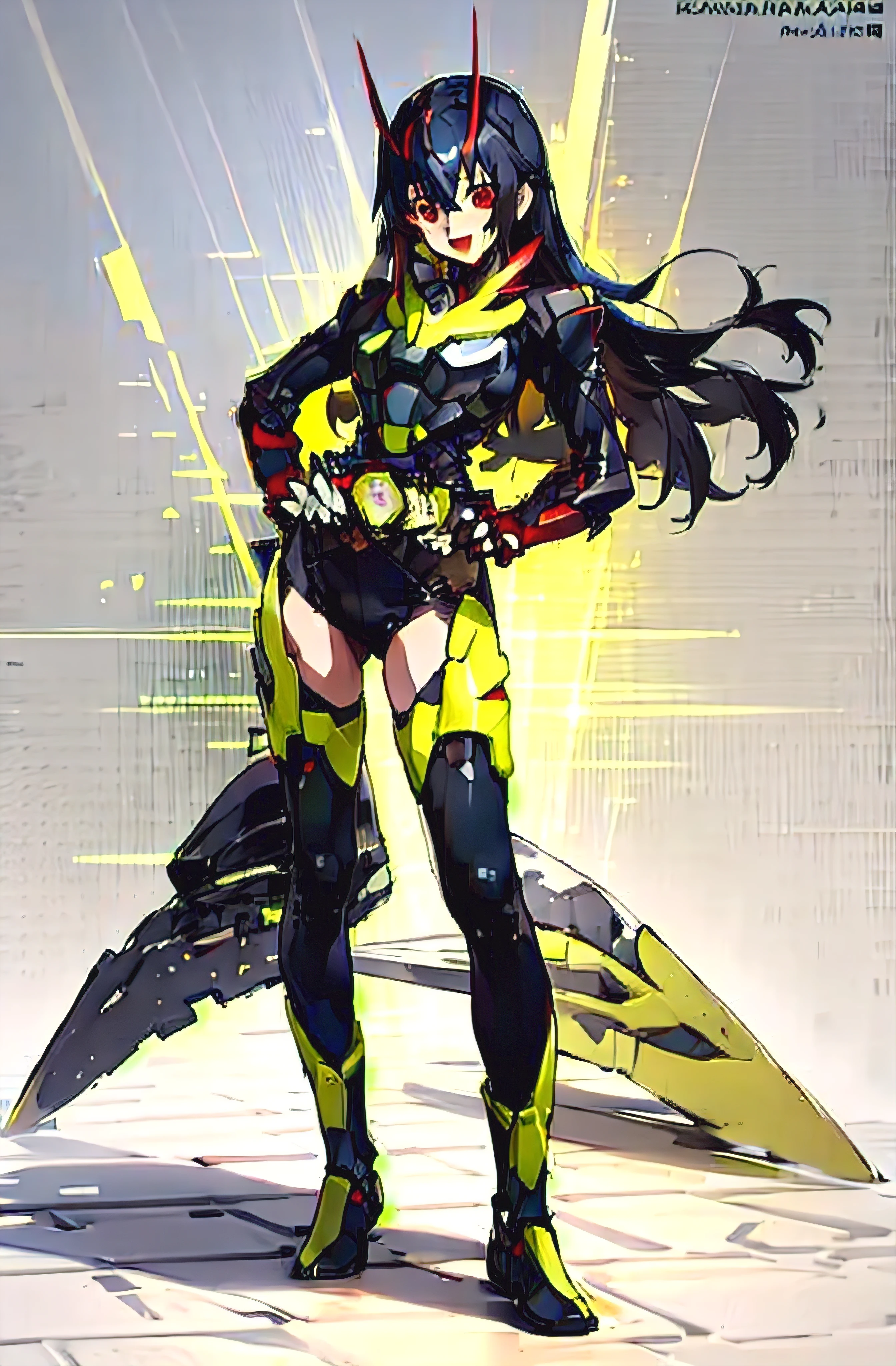 1girl, solo, long hair, smile, open mouth, bangs, black hair, thighhighs, navel, hair between eyes, red eyes, :d, multicolored hair, leotard, clothing cutout, ^ ^, navel cutout, full body, hand on hips,kamen rider zero one, a woman in a yellow and black costume
