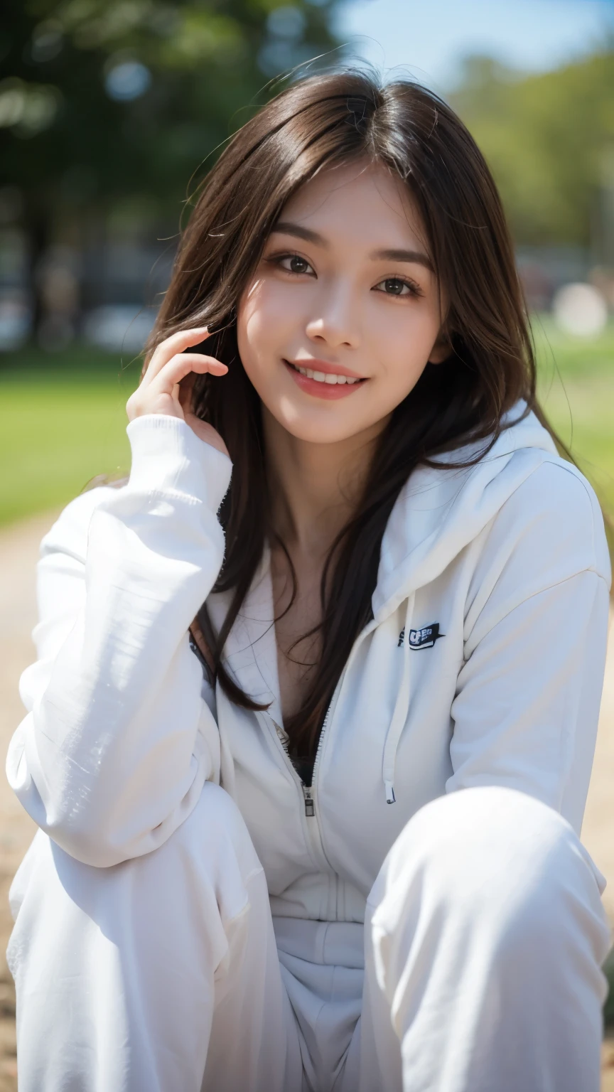 1 girl, solo, long hair, looking at viewer, smile, wearing oversized hoodie, outdoors, black eyes, small breasts, swimming pool, bikini bottom only, sit on the edge of the pool, hugging her legs, from side, wet hair from swimming, shy smile with teeth, extremely detailed eyes and face, highly detailed, 16k, ultra-detailed, high resolution, photorealistic, sharp focus, physically-based rendering, vivid colors, studio lighting, from the side,