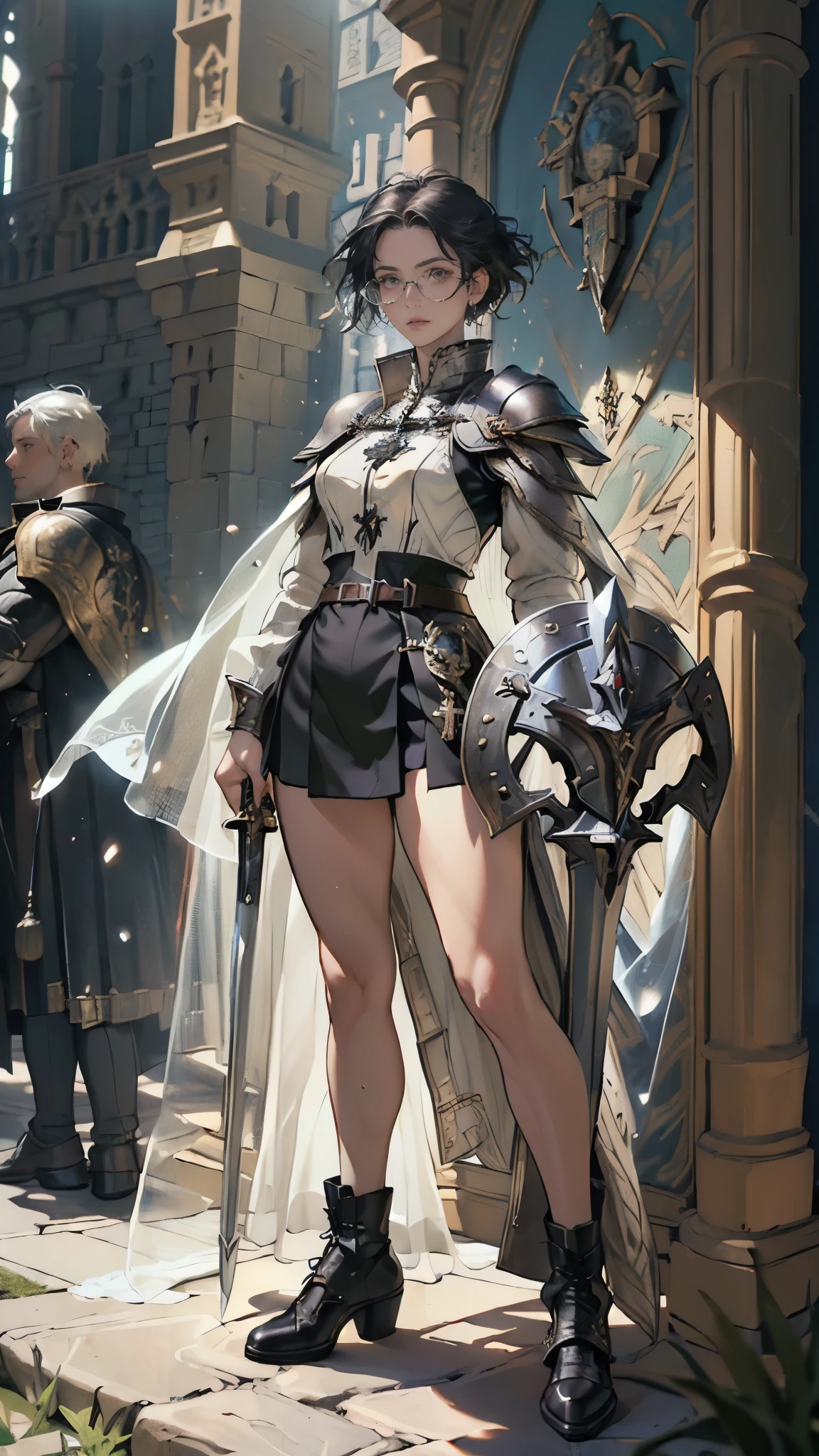 (((((middle age woman))))), masterpiece, ultra detailed, 8k portrait, RAW photo, portrait photography, highly detailed face, ((Fantasy)), 1 woman, solo, (((female knight))), (((standing))), (((((tall woman))))), (((small eyes))), glasses, (((straight black short hair))), ((hide eyes long bangs)), (((white skin color))), (((breast armor and see-through micro skirt))), (((black long cloak))) fluttering in the wind, (((high cut iron shoes))), (((equip a long sword and large shield))), Midday Sun, hyper realistic, Body model, Small breasts, Beautiful breasts, (big butt), (thick thighs), Long legs, in the medieval adventurer's guild, Ambient lighting, Shadow details, Camera focus on face, strong breeze, Light fog