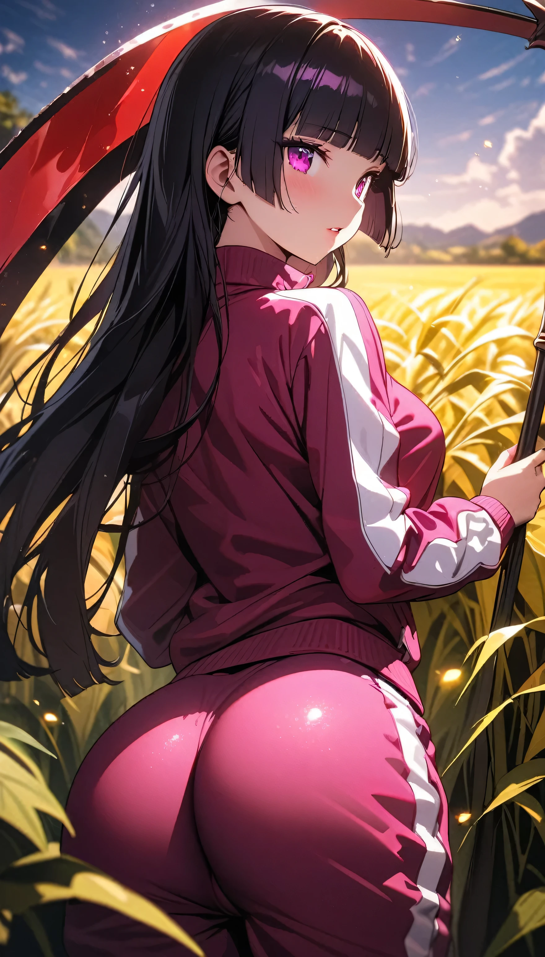 (beautiful girl: 1.3),1girl,masterpiece, Highest quality, Ultra-high resolution,rich contrast,super high quality,8k,Highly detailed CG unit wallpaper,texture,Incredibly absurd,Ultra-high resolution,RAW Photos,Depth of Field 1.2,(blunt bangs,long hair,Black Hair),Ultra-detailed eyes,Glowing Skin,Glitter effect,Beautiful glossy lips,(medium-violet-red sweatpants:1.3), (The jacket is a medium-violet-red track jacket:1.3),((scythe)),A golden rural landscape with rich, ripened rice plants swaying in the wind, making the expansive rice fields look like a sea of gold,gokou ruri,Harvesting rice,(Rear View:1.5),(Close up on ass:1.5)
