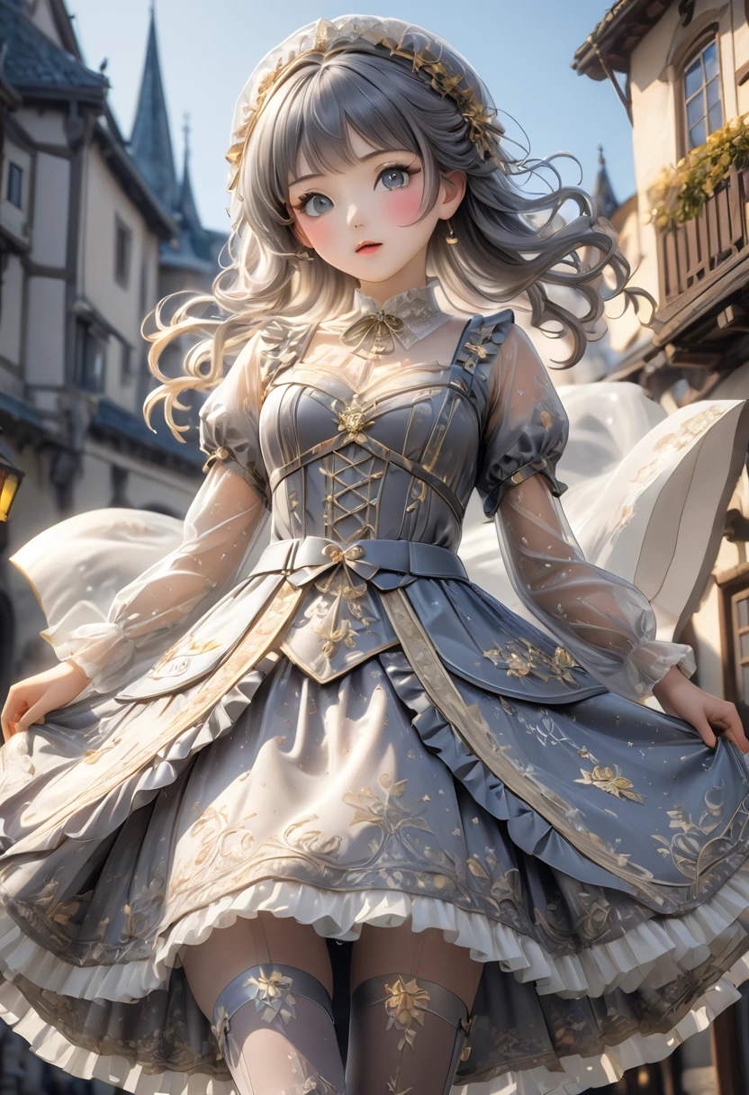 (Highly detailed CG Octane render 8k wallpaper), The most beautiful works of art in the world, Full body shot from below, Complex, high detail, ８Year old girl, Gold and silver embroidery, Medieval Long Dress（With panniers）, Crystal clear fabric, Pull up your skirt, Strong winds, Transparent slip, Grey translucent tights, Peeking from below, Best Quality, Disarray of clothing, Lying down, underwear, Show off your thighs, night, Skirt lining、Bloomers