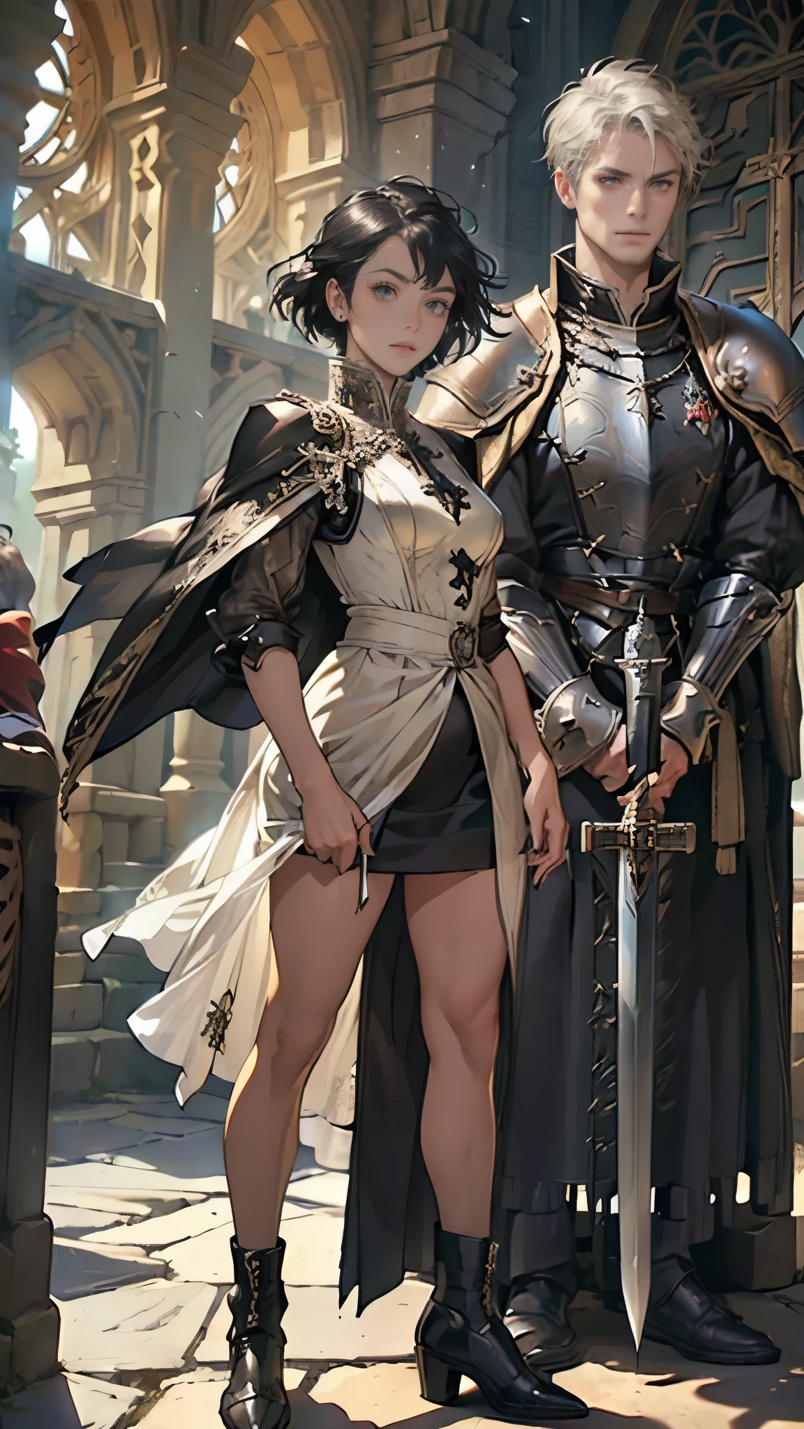 (((((middle age woman))))), masterpiece, ultra detailed, 8k portrait, RAW photo, portrait photography, highly detailed face, ((Fantasy)), 1 woman, solo, (((female knight))), (((standing))), (((((tall woman))))), (((small eyes))), glasses, (((straight black short hair))), (hide eyes long bangs:1.5), (((white skin color))), (((breast armor and see-through micro skirt))), (((black long cloak))) fluttering in the wind, (((high cut iron shoes))), (((equip a long sword and large shield))), Midday Sun, hyper realistic, Body model, Small breasts, Beautiful breasts, (big butt), (thick thighs), Long legs, in the medieval adventurer's guild, Ambient lighting, Shadow details, Camera focus on face, strong breeze, Light fog